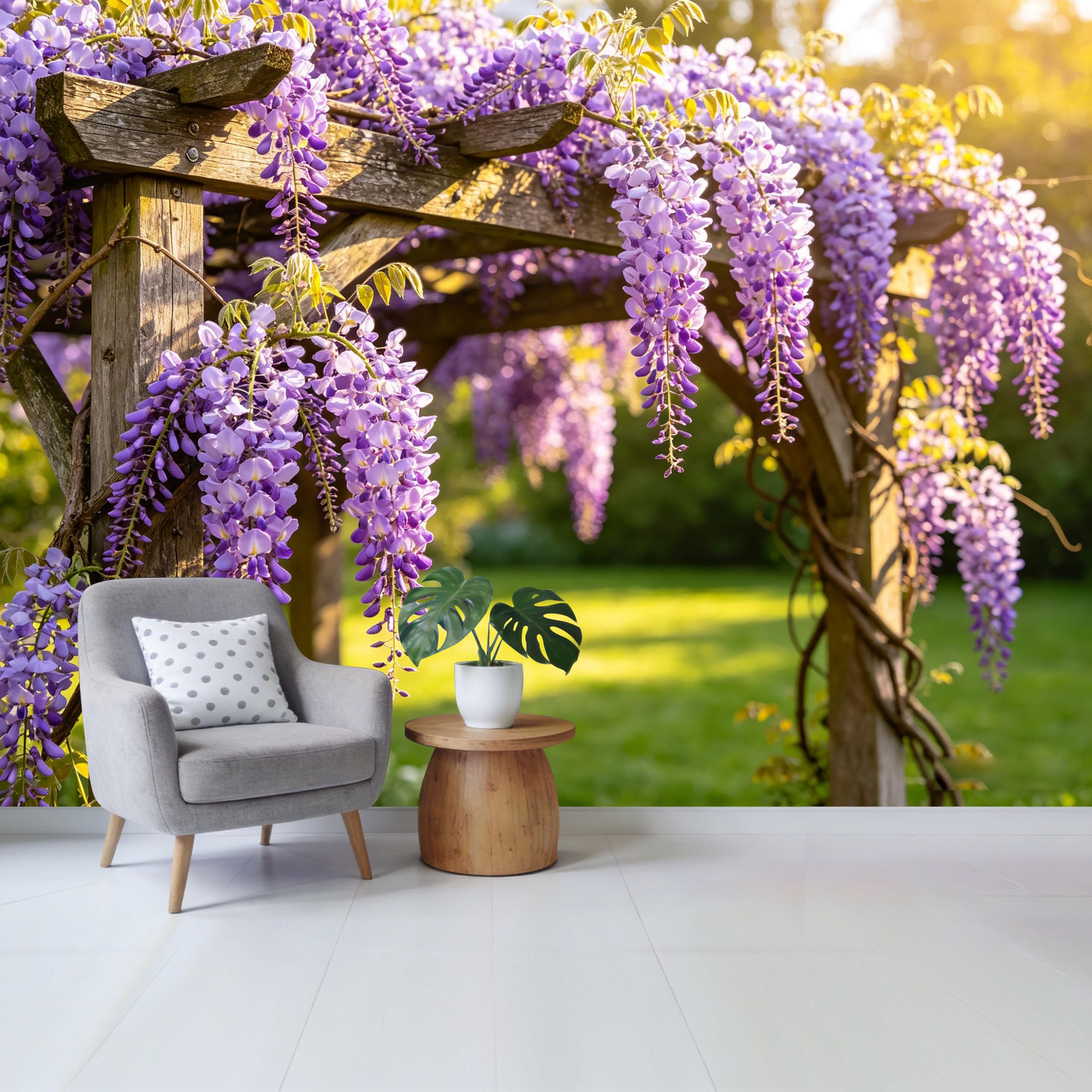 Qzlithotic Yq2605250183 Custom Size Wall Mural Purple Wisteria Flower Hanging Blooms Botanical Garden Wood Pergola Selfadhesive Wall Fabric Removable Wallpaper For Home Office Decor