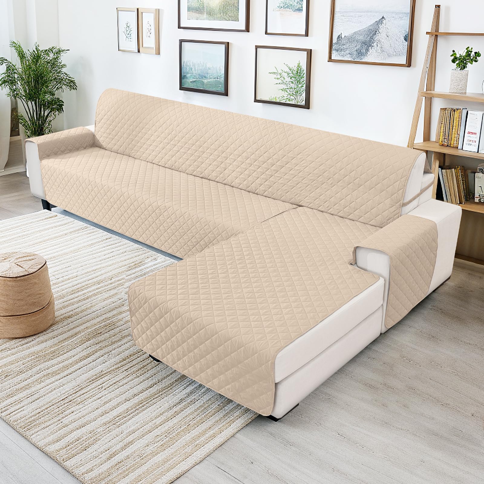 Impermeable Funda Sofa Chaise Long 4 Plazas, Funda Chaise Longue Derecho/Izquierdo Reversible, Universal, Ajustables, Antideslizante, Lavable, para Gatos Perros, Beige