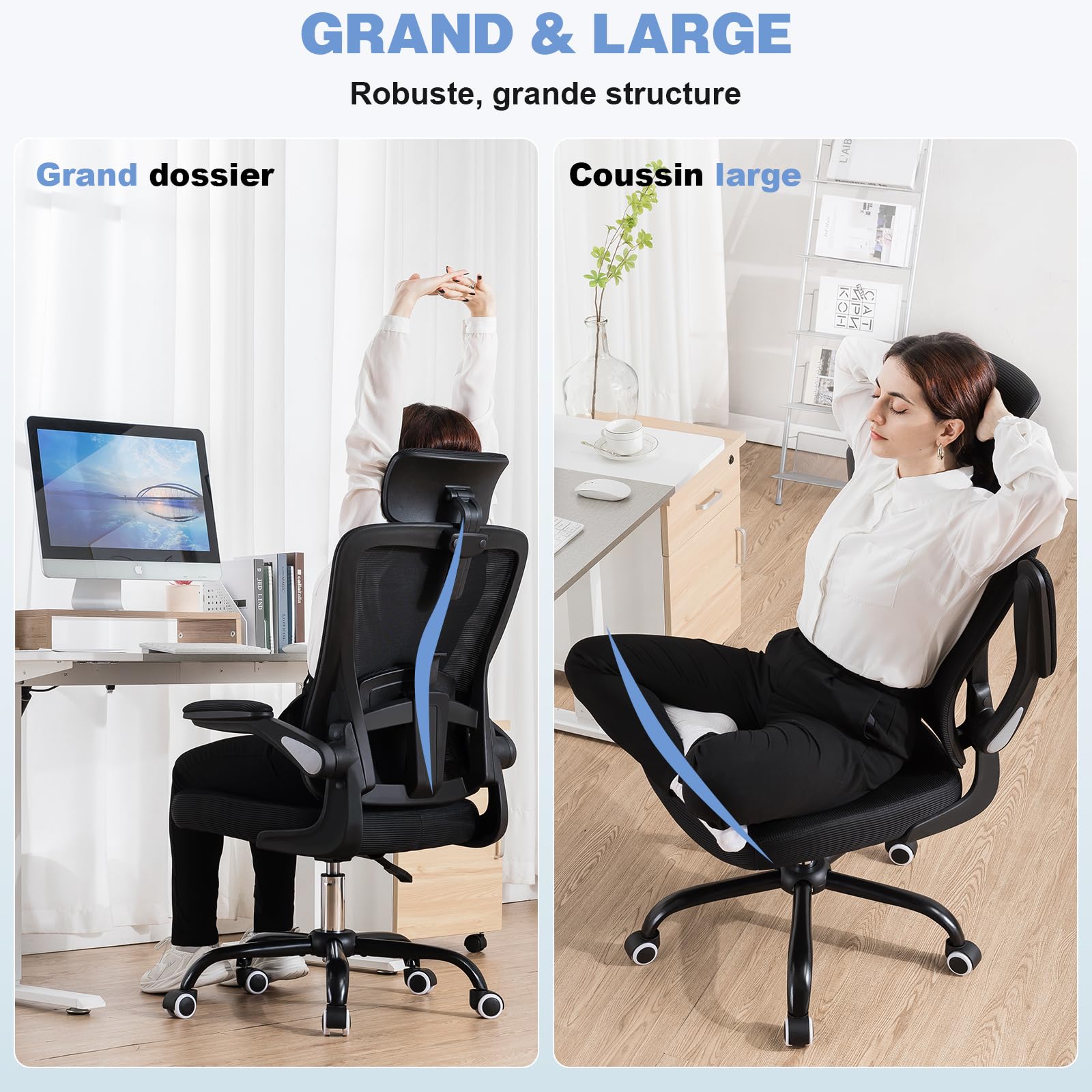 Chaise De Bureau Ergonomique COMHOMA - Appui-tête Et Soutien Lombaire Réglables, Accoudoirs Rabattables, Dossier Maille Respirante