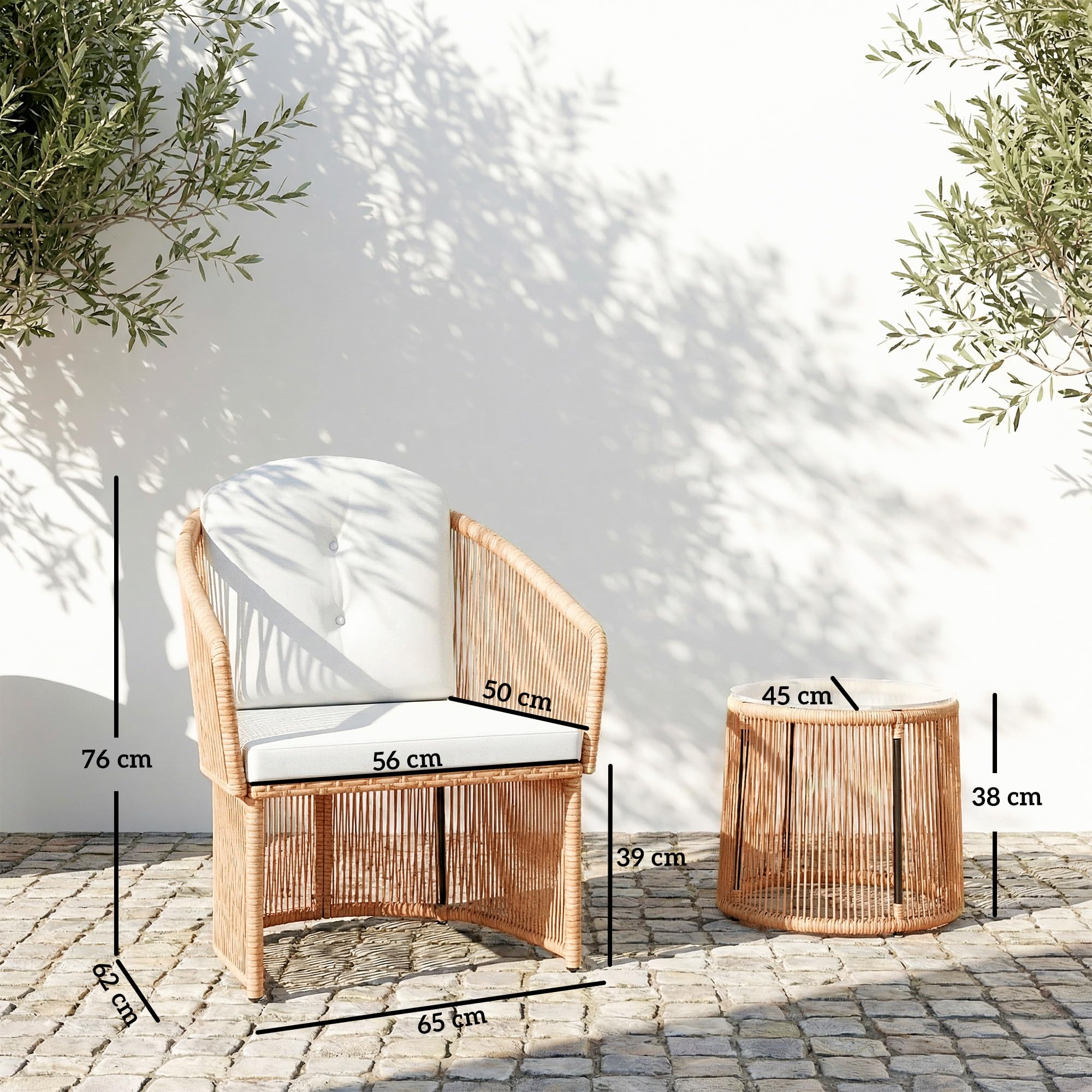 Outsunny Salon de Jardin en Résine Tressée pour 2 Personnes Table Crème | Mobilier d'Extérieur, 2 Chaises, Plateau en Verre, Coussins Inclus, Idéal Balcon, Terrasse, Patio