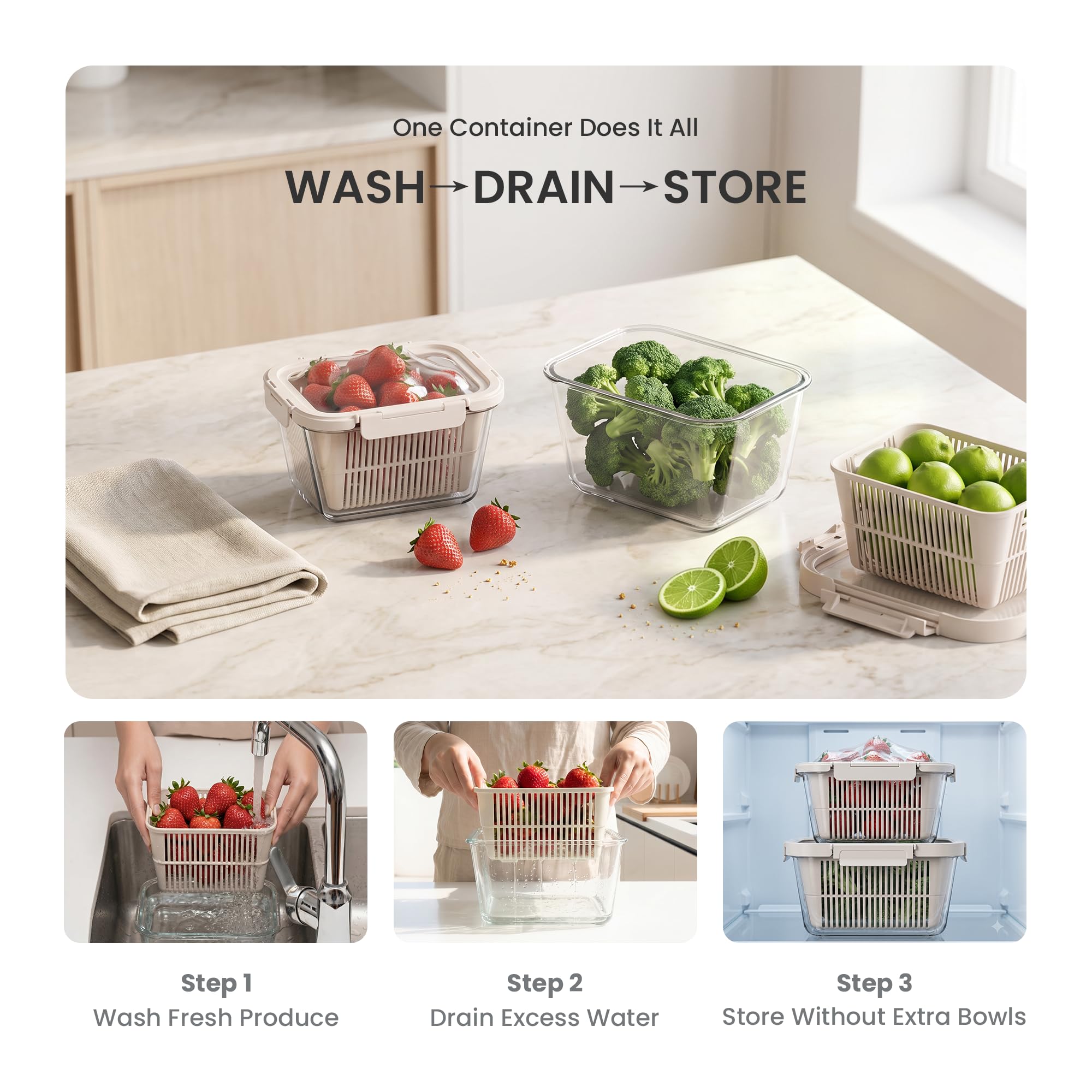 GENICOOK Set di 2 barattoli in vetro per frutta e verdura con coperchio, 2,3 l e 1,7 l, ermetici, organizer per frigorifero, senza BPA