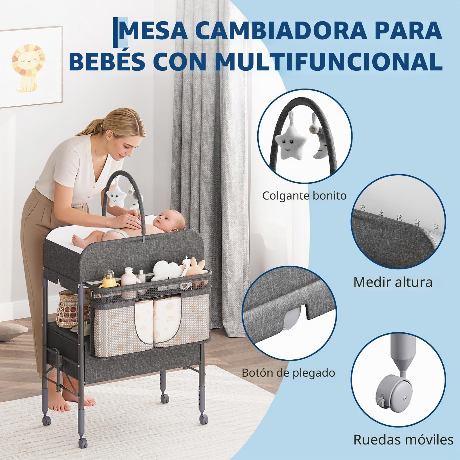 Cambiador Bebé Plegable con 2 Cajones, Altura Ajustable y Colchón Impermeable, Mueble Cambiador de Pañales Portátil con 4 Ruedas, Barra Colgante y Organizador de Guardería Salvaspazio, Gris Oscuro