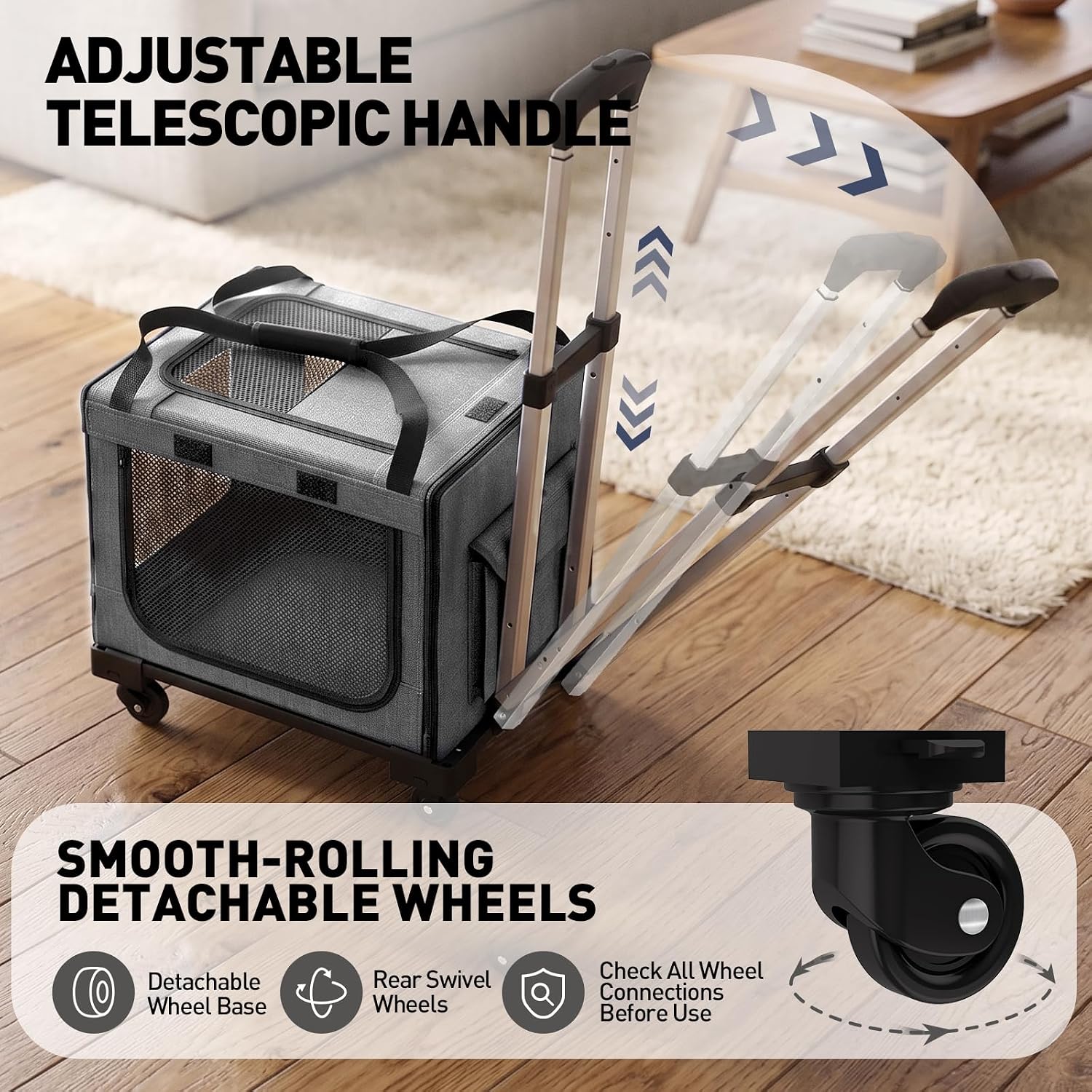 Rolling Cat Carrier with Wheels, 16.5 x 13 x 11.8 in, Light Gray | Expandable soft-sided carrier with detachable wheels, telescopic handle and breathable mesh for cats and small dogs