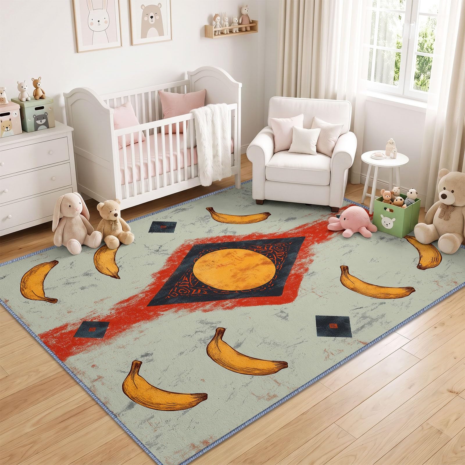 Générique Bananes Soleil Tapis Salon 120x176 cm, Lavable en Machine AntidéRapant Poil Ras Minimaliste Industriel Moderne Vieilli Tapis, pour Chambre Salle a Manger Descente de Lit Bureau Cuisine