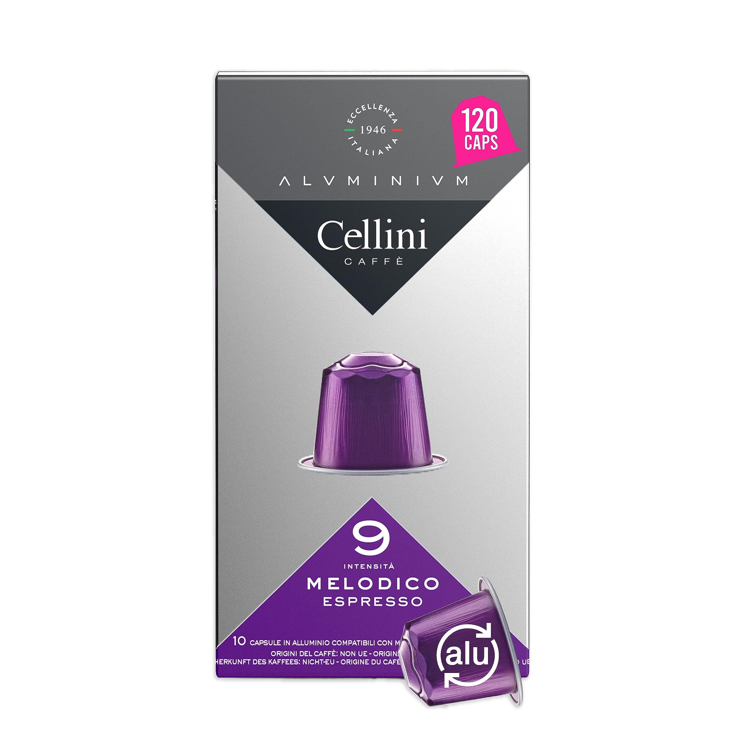 Caffè Melodico Aluminum Nespresso Pods, 120 Count, Dark Roast Coffee Capsules, 100% Nespresso Original Machine Compatible, Strong
