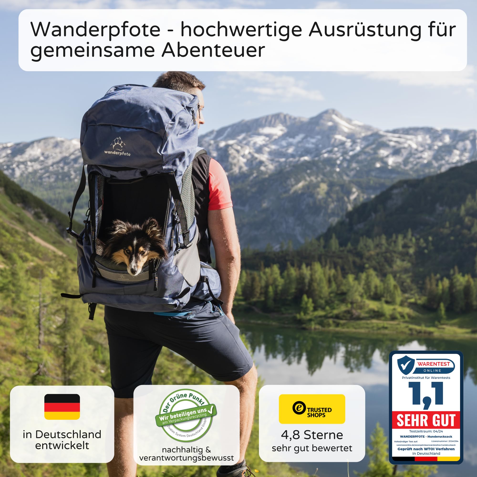 Trekking Hunderucksack bis 12kg zum Wandern - Größe M, Farbe Blau - Premium Rucksack mit Höhenverstellbarem Tragesystem und Stauraum für Gepäck
