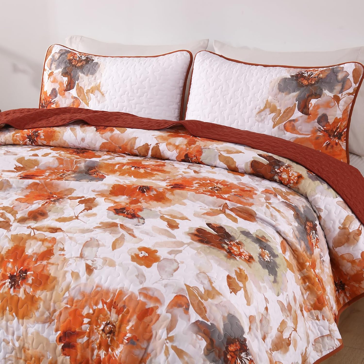 Luxudecor Floral Quilt Set Queen Size - 3 Pieces Orange Watercolor Botanical Bedspread Coverlet Set with 2 Pillowcases, Lightweight Soft Bedding Set for All Seasons 96"x90" - Image 4