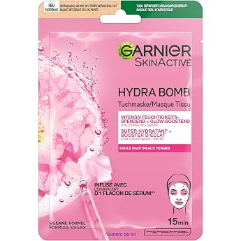 Garnier Cloth Mask, Face Mask for Pale Skin, Glow Boosting and Moisturising, with Hyaluronic Acid and Sakura, Hydra Bomb, 28 