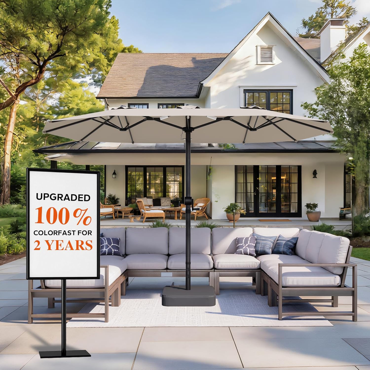 GDPFN 15ft Patio Umbrella with Base Include, Large Outdoor Double-Sided Rectangle Umbrella with Easy Crank Handle for Poolside, Garden & Deck - Beige