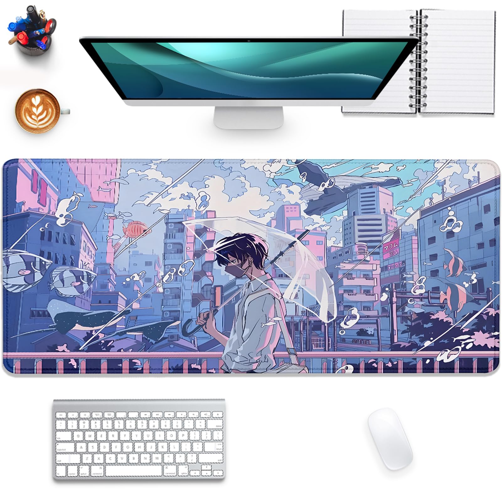 Japanese Fantasy City Boy Mouse Pad Desk Pad,Cute Kawaii Anime Mousepad,Large Extended Gaming Mouse Mat with Stitched Edges Non-Slip Waterproof Rubber Base Mous Mat for Desk Pad(27.5X11.8 in)