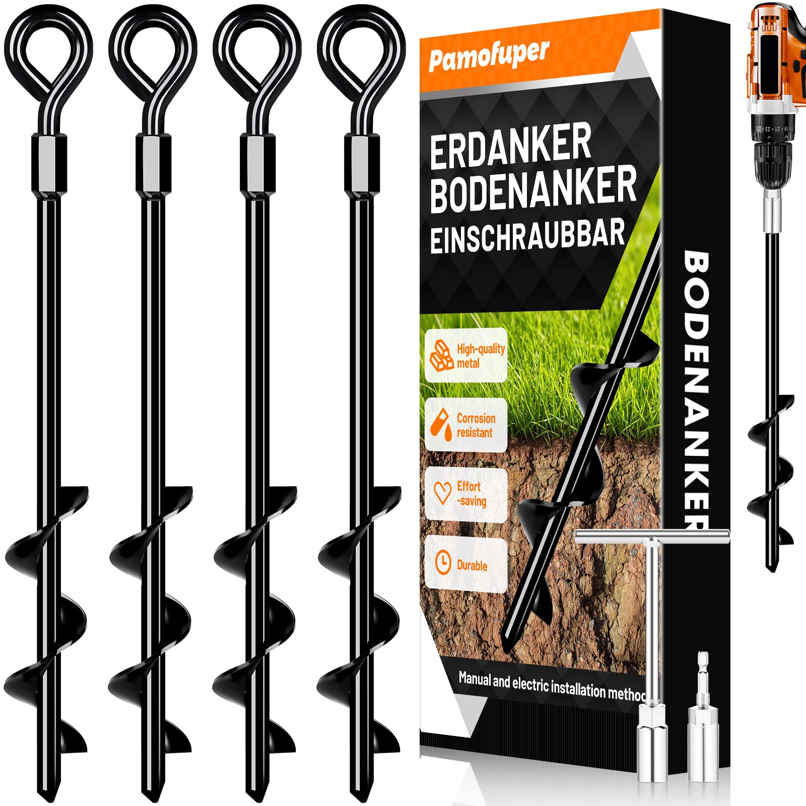 Bodenanker Erdanker, Bodenanker Trampolin Zum Eindrehen, 4er Set Heavy Duty Trampolin Anchor für Zelte, Schaukelgestell, Vordächer, Camping, Widerstehen Starkem Wind Rostfrei