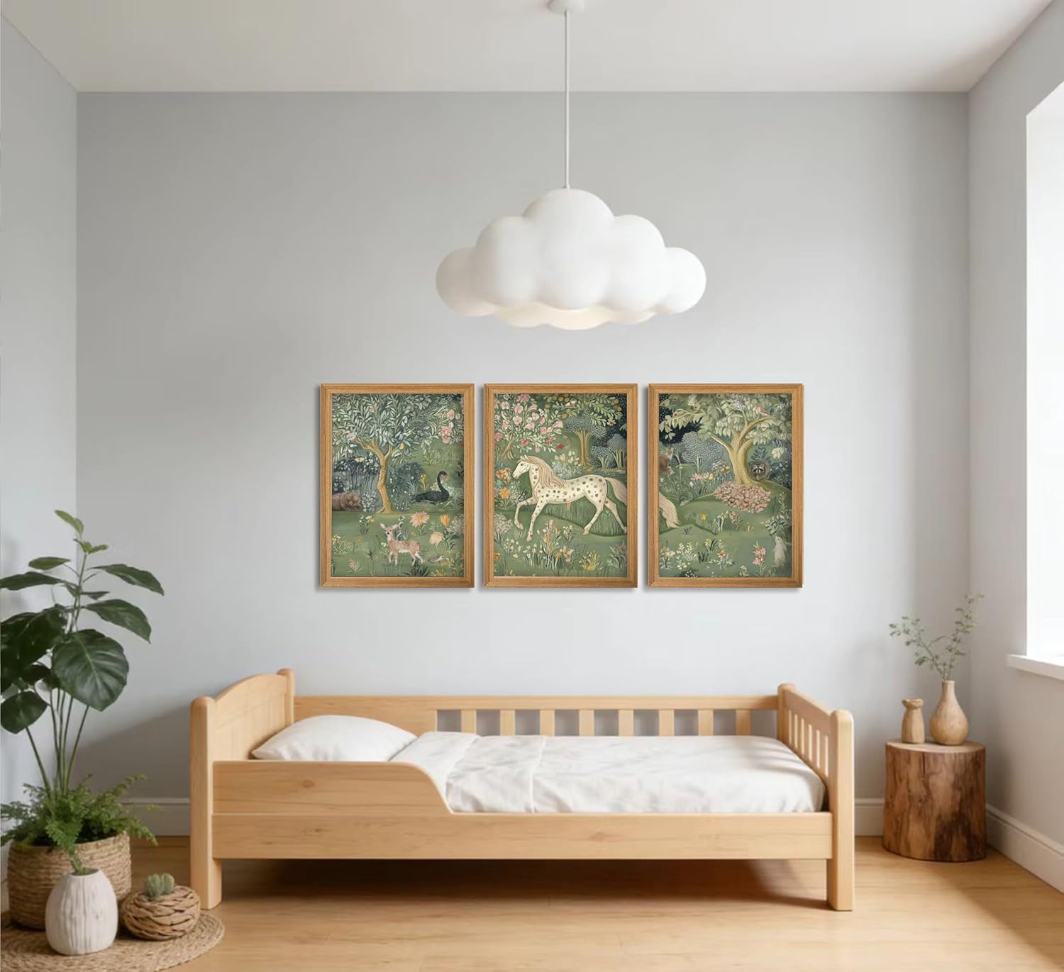 Framed Vintage Woodland Animal Nursery Wall Art Magic Horse Bear Deer Poster Green Fantasy Forest Botanical Pictures Decor Fairy Tale Nature Painting Canvas Print Artwork for Kids Room Living Room