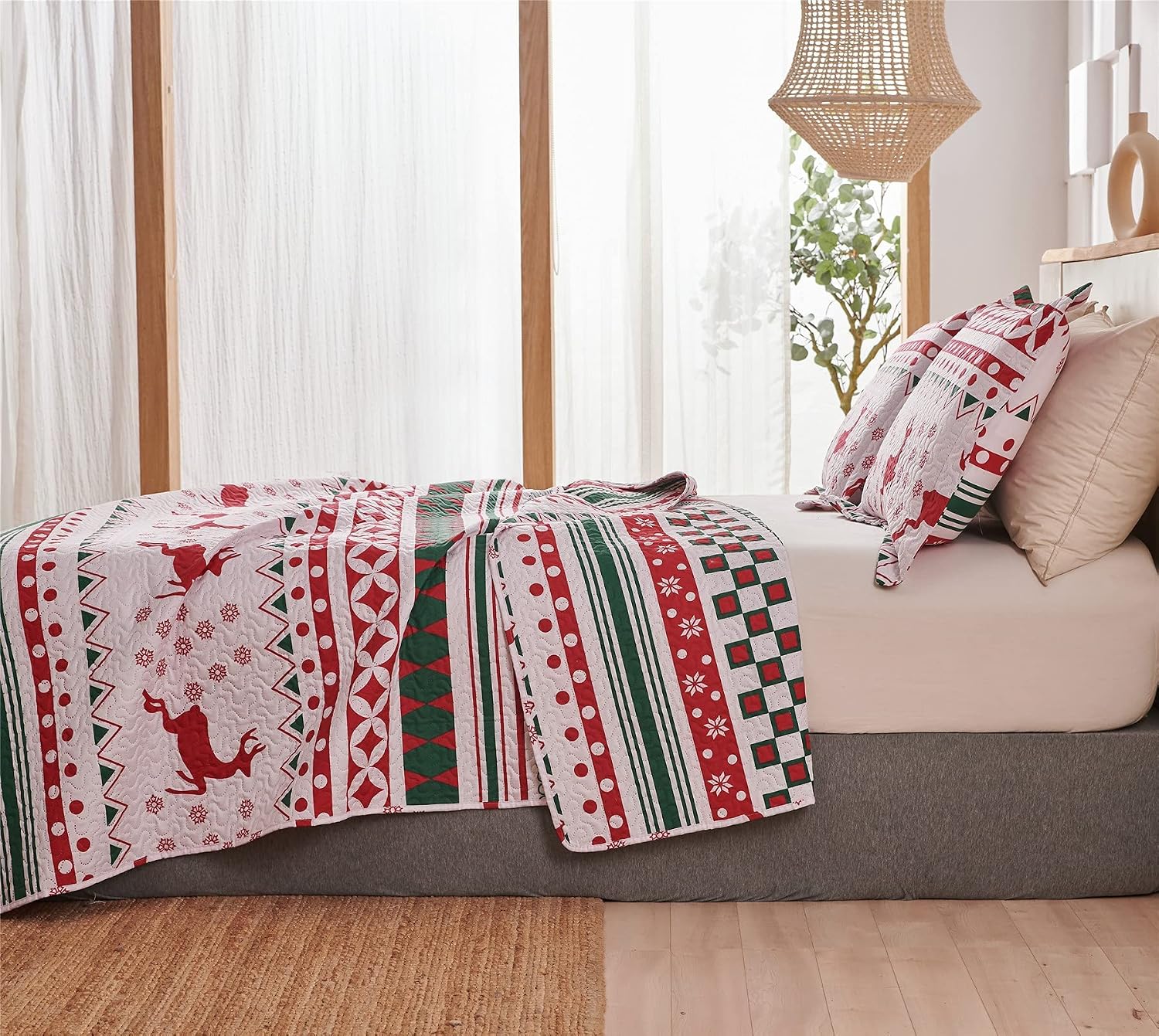 Ferdilan Rustic Quilt Set Twin Size Bedding Bedspread Set 3-Piece Lightweight Reversible Quilt Lodge Coverlet Flying Reindeer Moose Bed Set Stripe Plaid Bedspread Set