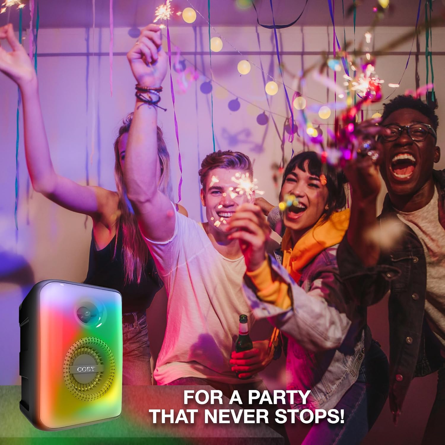 Coby True Wireless Speaker, Portable Bluetooth Speaker with 6 Light Modes, FM Radio, and Handle, Easy Pairing, Rechargeable Battery, Micro USB and 3.5-Millimeter AUX Port, TF Card Reader, 10-Hour Play - Image 2