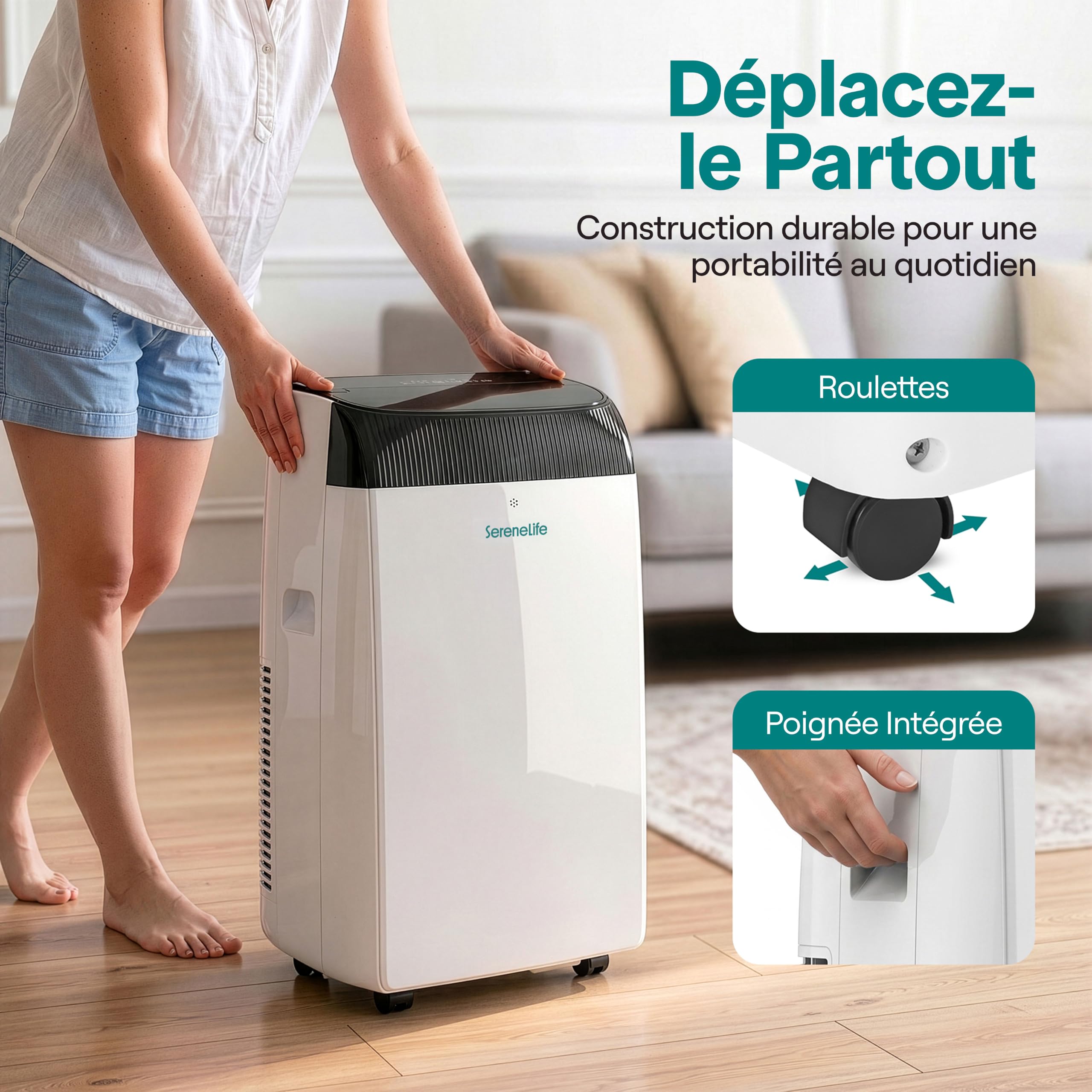 SereneLife Climatiseur Mobile 12000 BTU (3,52 kW), Wi-Fi, 3 En 1 Refroidissement, Déshumidification et Ventilation, Silencieux, Roulettes, Minuterie, Jusqu’à 40 m²