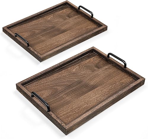2 bandejas para servir de madera rústica con asa, bandeja decorativa de madera vintage anidada, elegante decoración de casa de campo, platos para