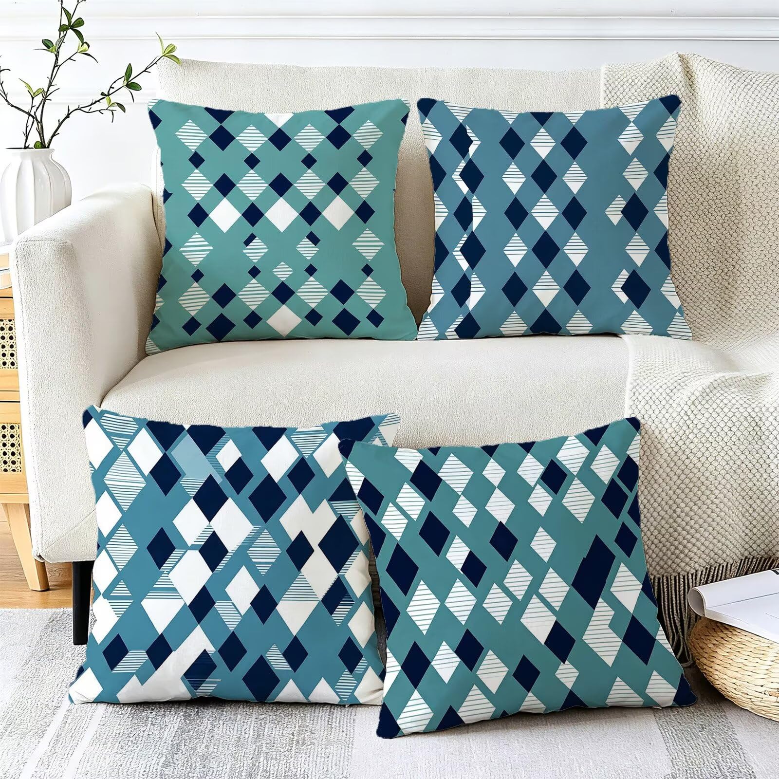 Blu Federe Cuscini Divano 65x65cm, Cuscini da Esterno Set de 4, Cod-72 | Velour Copricuscini Decorativi Letto Arredo, per Letto, Soggiorno, Giardino, Esterno, Casa Decorazione Set di 4 Geometria