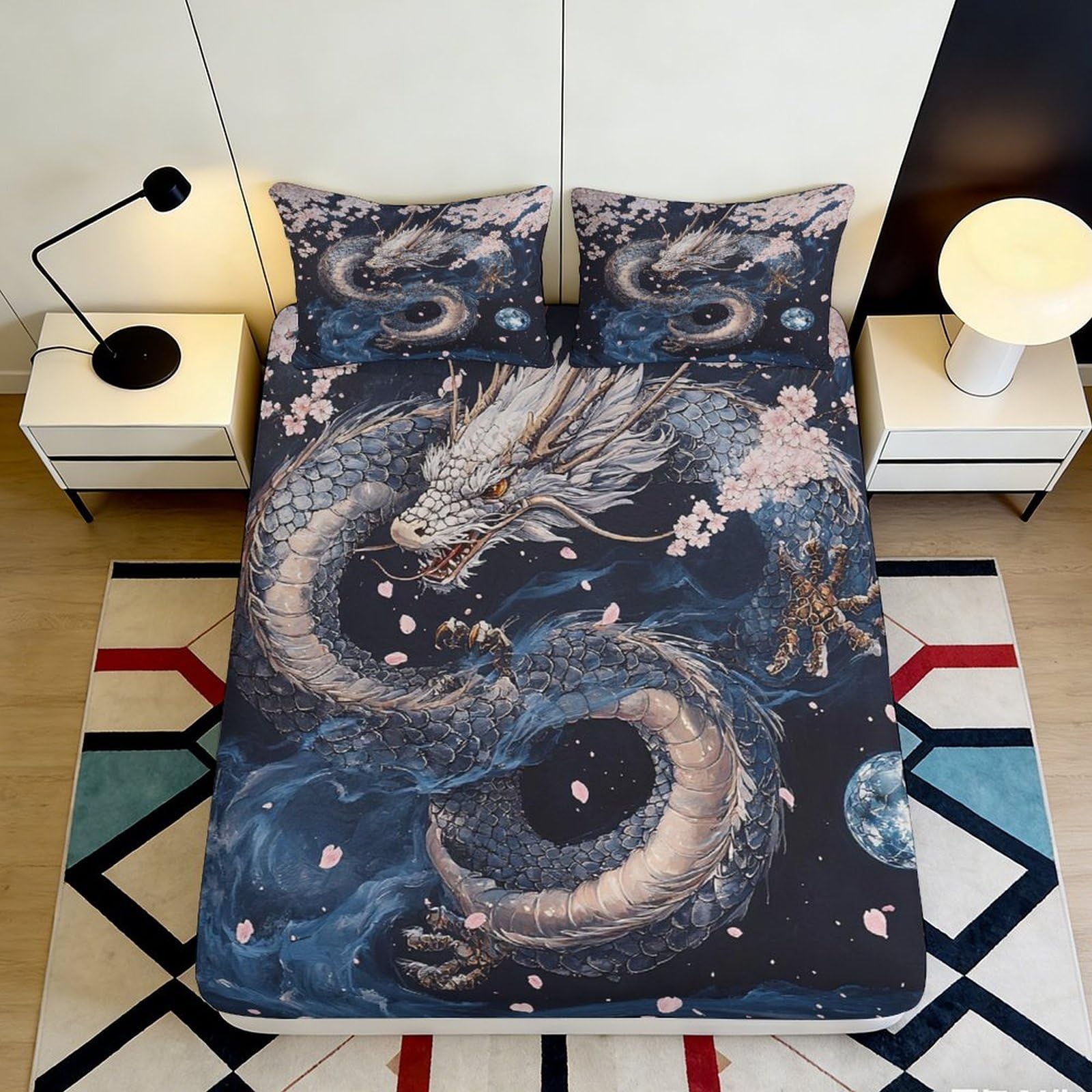 Pnayamiorkfel Style-9 3D Printed Blue Dragon Fitted Sheet Microfiber Soft Anti-Slip Sakura Night Bed Cover For Bedroom Guestroom Decor 90X200x25cm
