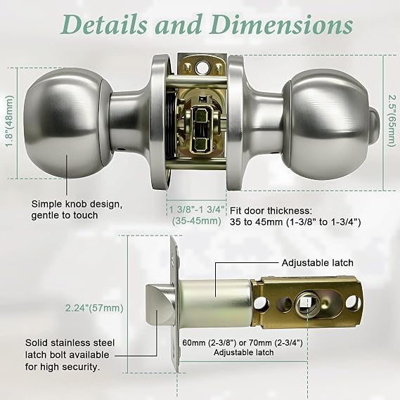 SUNTAI 6 Pack Privacy Door Knobs, Satin Nickel Round Doorknobs Interior/Exterior Lockset, Keyless Door Handle with Lock for Bedrooms/Bathrooms