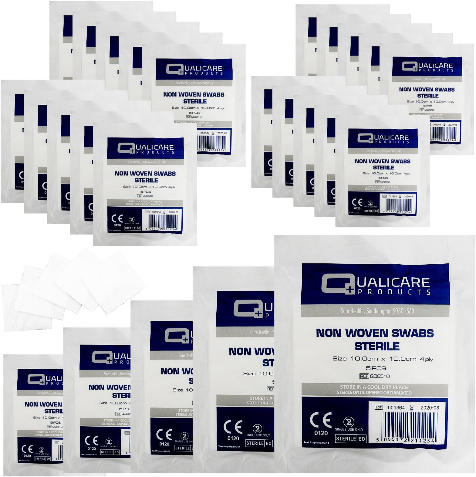 Qualicare None Woven 4PLY Sterile Gauze Medical Swabs Single Pack, 10cm x 10cm Sqaure - 25 Pack (125 Swabs)