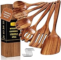 Vista 10 de Cucharas de madera para cocinar, juego de utensilios de cocina de madera de teca con ganchos, acabado liso, antiadherente, agarre cómodo, utensilios
