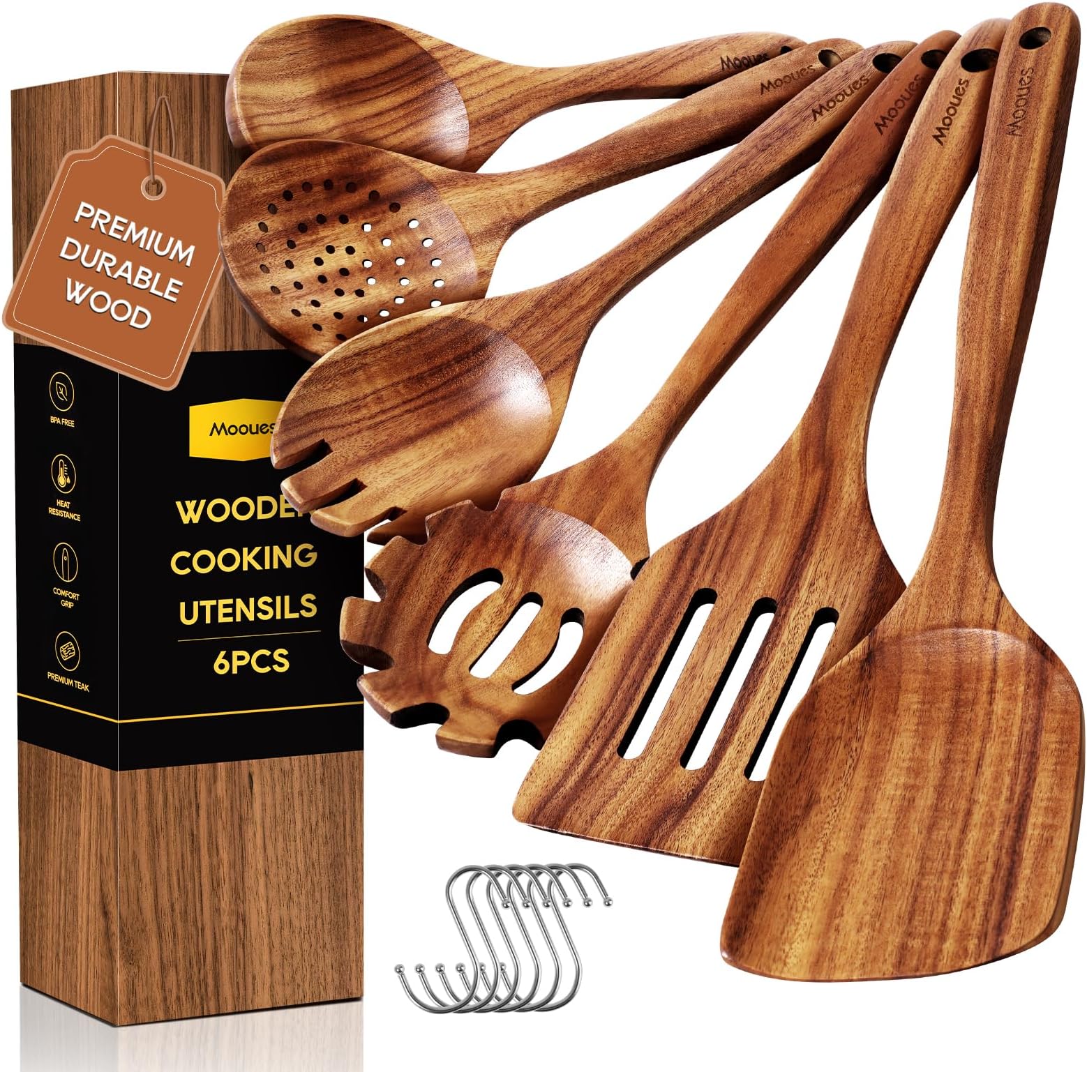 Wooden Spoons for Cooking 6PCS Teak Wood Cookware Utensil Set | Wooden Cooking Utensils with Comfort Grip, Smooth Durable Heat Resistant Cooking Spoons and Utensils Holder for Cooking