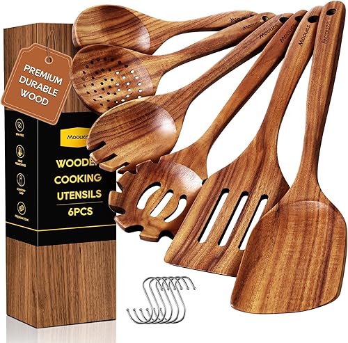 Miniatura 9 de Cucharas de madera para cocinar, juego de utensilios de cocina de madera de teca con ganchos, acabado liso, antiadherente, agarre cómodo, utensilios