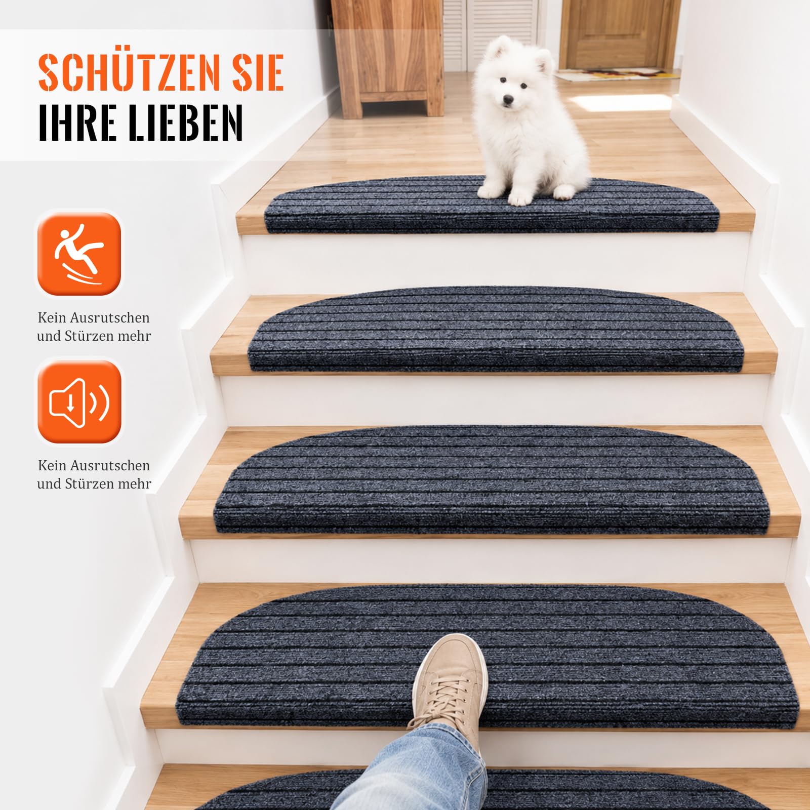 15 Stück Stufenmatten Halbrund 24 x 60 cm, Selbstklebend Antirutsch Treppenmatten, Treppenschoner & Treppenschutz für Holzstufen, Weiche Teppichmatten für Kinder, Senioren und Haustiere