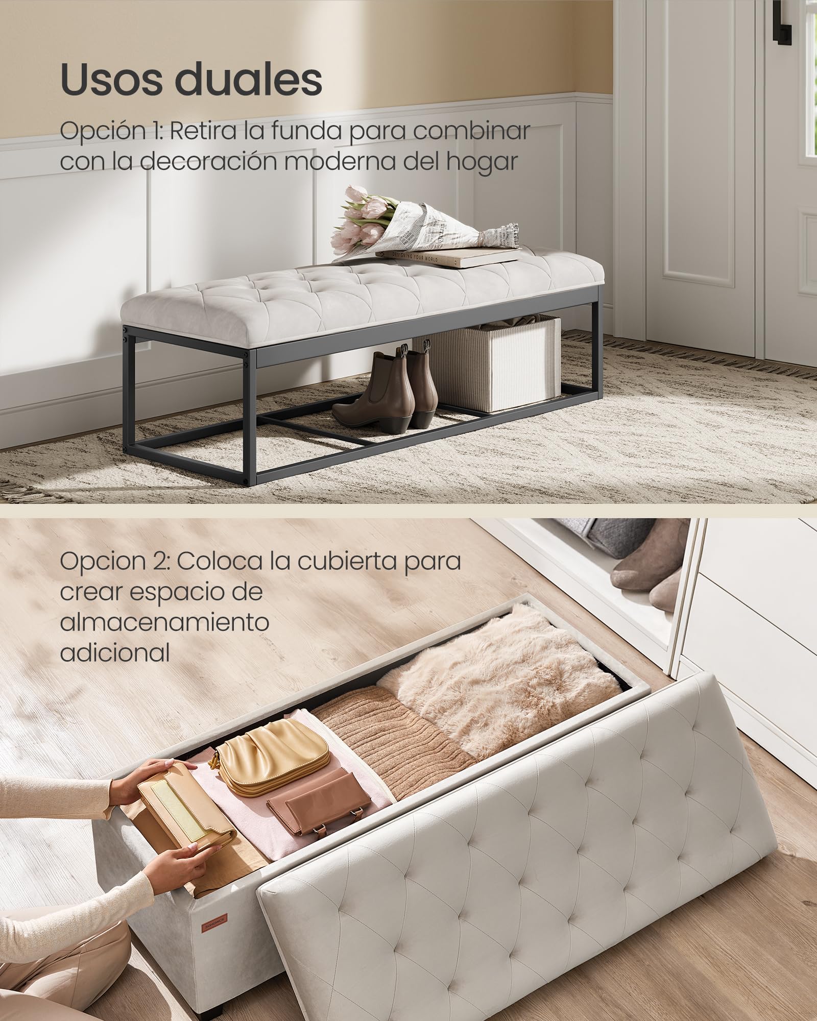 SONGMICS Puff Almacenaje, Baúl con Patas, 40 x 110 x 39 cm, Banco de Pie de Cama, Banco Almacenaje, Soporta hasta 300 kg, para Sala de Estar, Dormitorio, Entrada, Blanco Crema LSF089W01