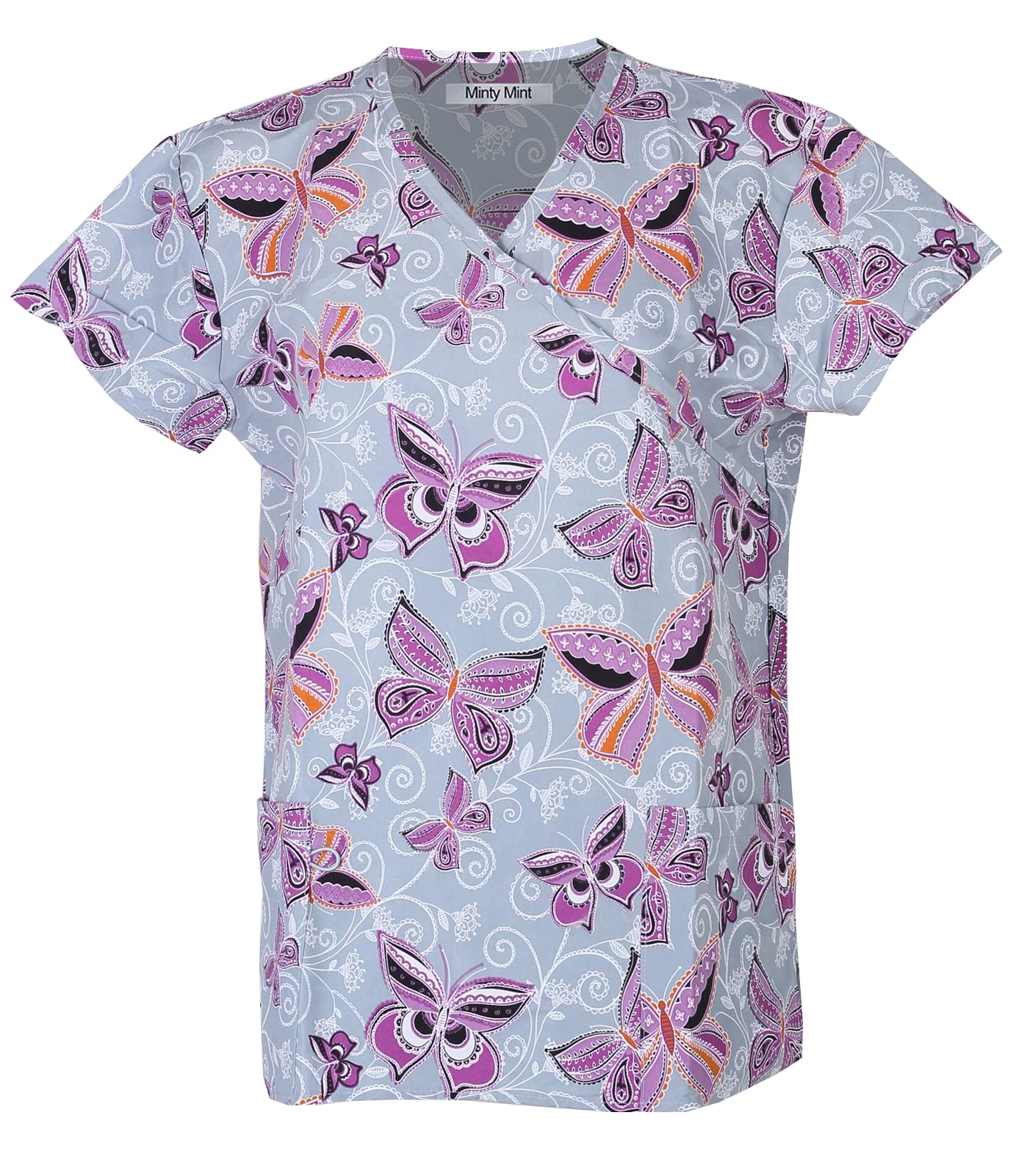 Minty Mint Women's Microfiber Printed Medical Scrub Set V-Neck Top and Pants Light Grey XS