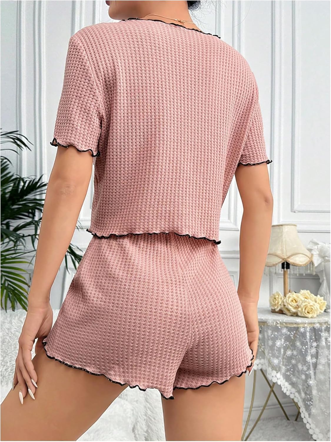 SHENHE Women's Waffle Knit Pajama Set 2 Piece Short Sleeve V Neck Top and Shorts Pjs Loungewear - Image 3