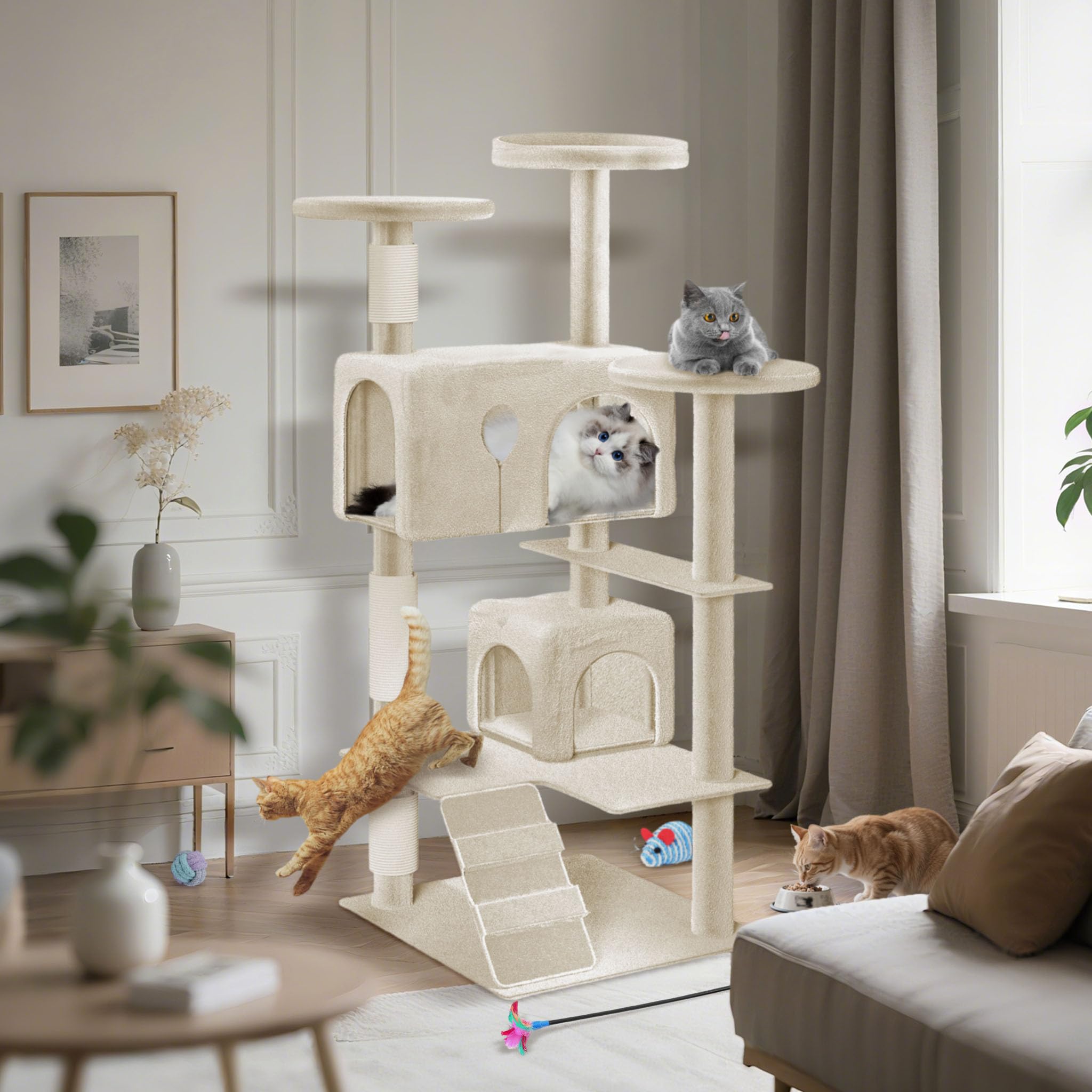 UISEBRT Tiragraffi alto 130 cm, torre per gatti a più piani, con pali in sisal, piattaforme e grotta per gatti, stabile tiragraffi per gatti (tipo A, beige)