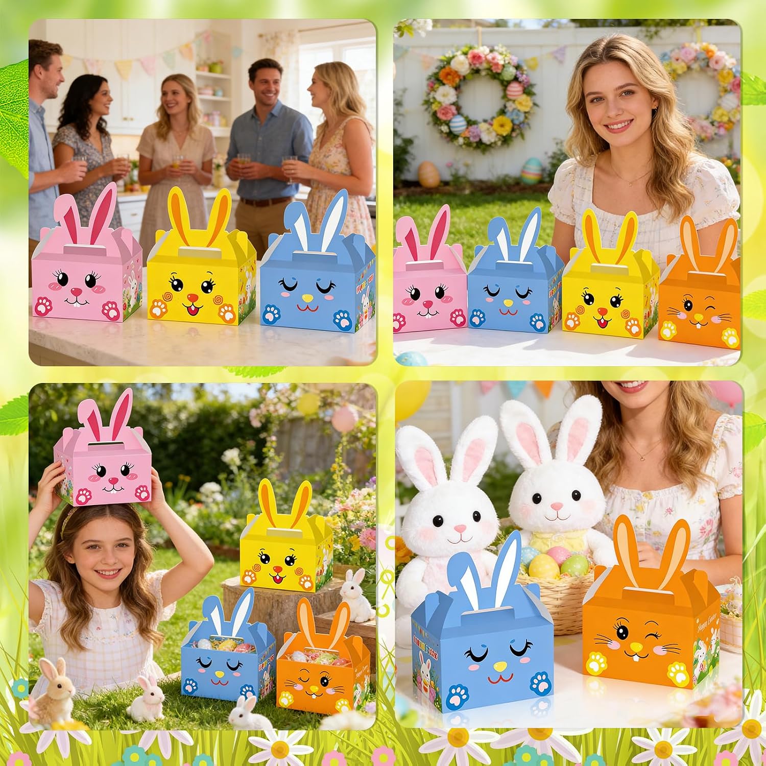 Qpout 12 PCS Easter Bunny Treat Boxes Rabbit Ears Snack Candy Box Gift Bags with Handle for Easter Basket Party Favor Classroom Holiday Prizes image 4