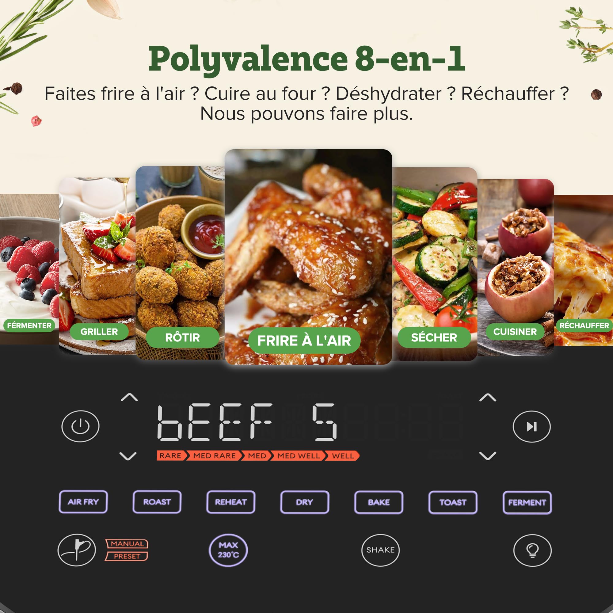 CHEFREE Air Fryer, 6.5L airfryer avec Sonde de Température, Écran Tactile LED et Vitre d'Observation, 7 Programmes pour une Cuisine Saine avec Moins d'Huile, Friteuse à Air AF500