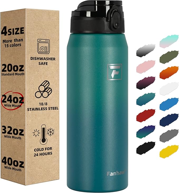 Fanhaw Insulated Water Bottle with Chug Lid 24 Oz Double