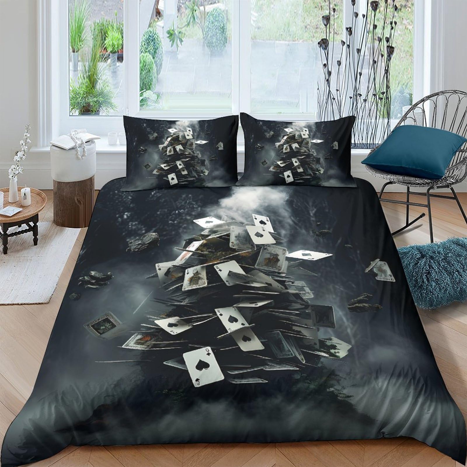 Ctjqhvkz Style-6 3D Printed Playing Cards Fitted Sheet Microfiber Black Artistic Smoke Mattress Cover For Bedroom Dorm Easy Care Decor Single（135X200cm）