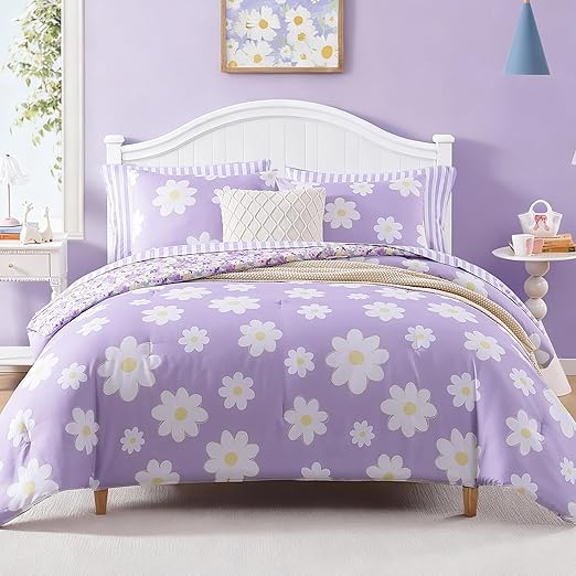 Twin XL Comforter Set for Girls, Purple Daisy Kids Bedding Set Reversible with Cute Floral, All Season Bed in a Bag Dorm 5 Pieces with Sheets, Pillowcase & Sham