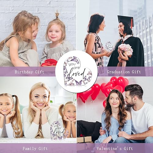 Miniatura 6 de Yulejo Regalo de San Valentín con texto en inglés "You Are Loved", decoración de acrílico en forma de corazón con mariposas rústicas, mesa de