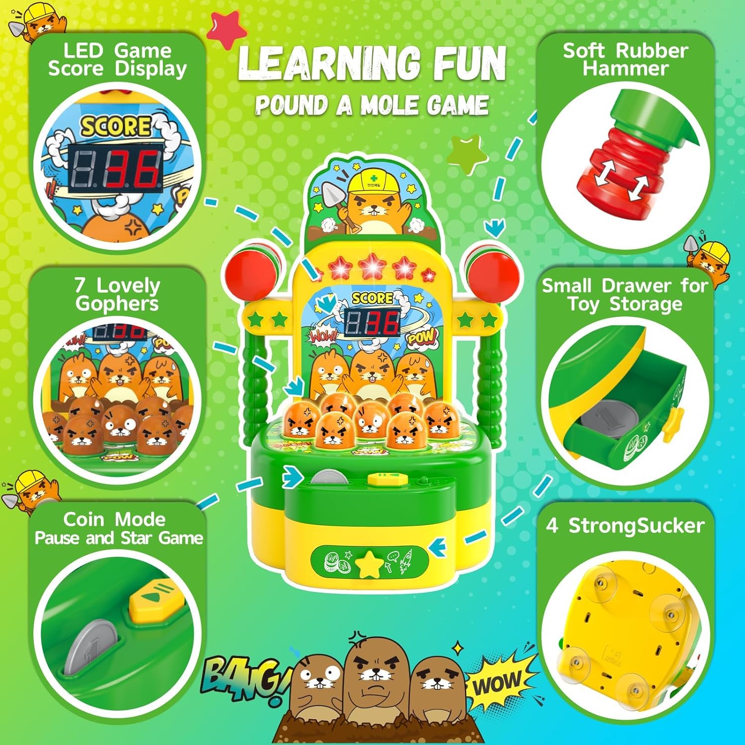 Mole Whack Spiel für Kinder ab 3 Jahre, Whack Spiel mit 2 Hämmern, Hau-den-Maulwurf-Spiel Interaktives Musik Spielzeug Elektronische Spiele zur Förderung der Motorik, Entwicklungsspielzeug