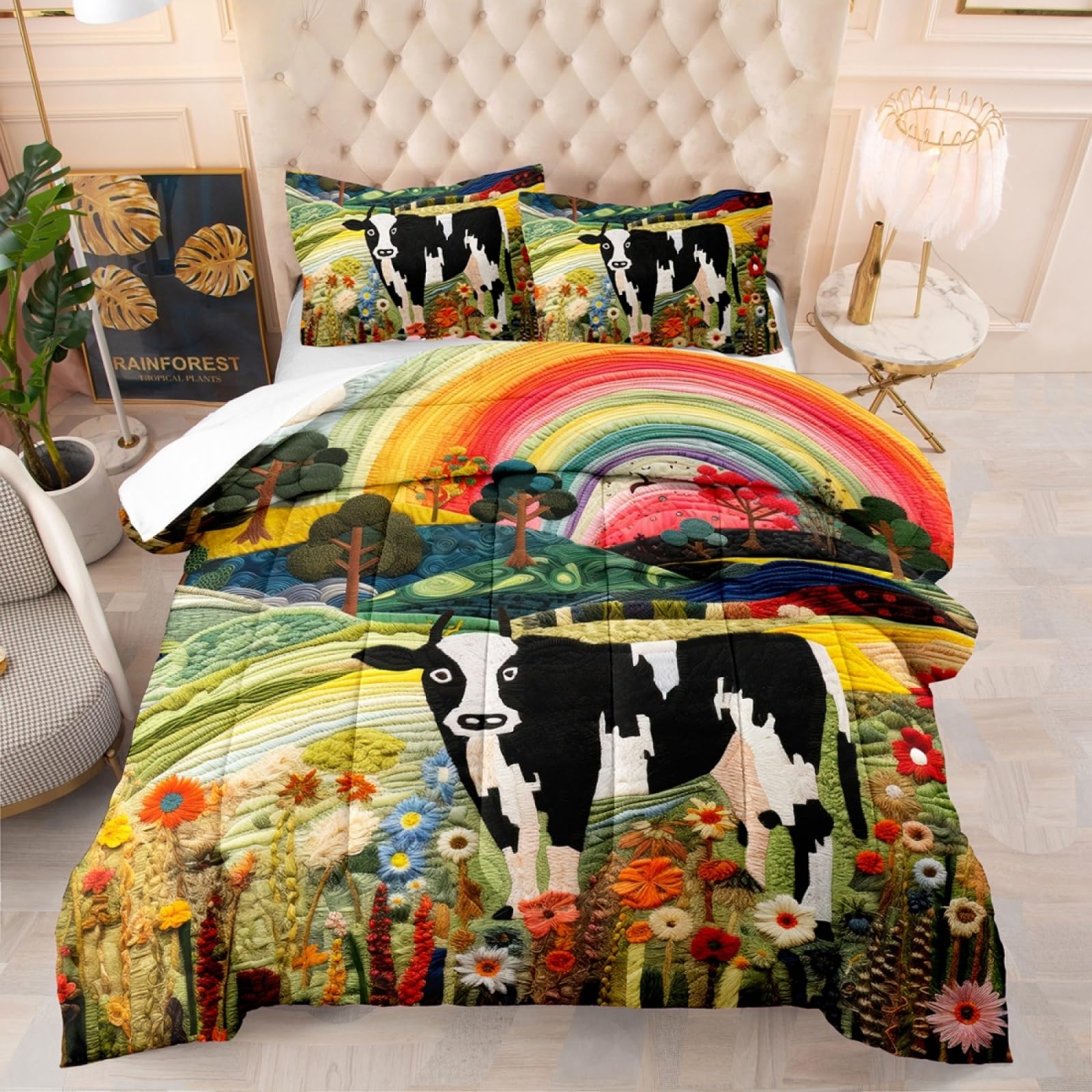 Duvet Arco Iris Animal Verde Edredon Microfibra Funda Nordica Transpirable Colcha 4 Temporadas Colchas Lavable Duradero Colcha Cama+2 Fundas de Almohada (50x75cm) 173x218cm