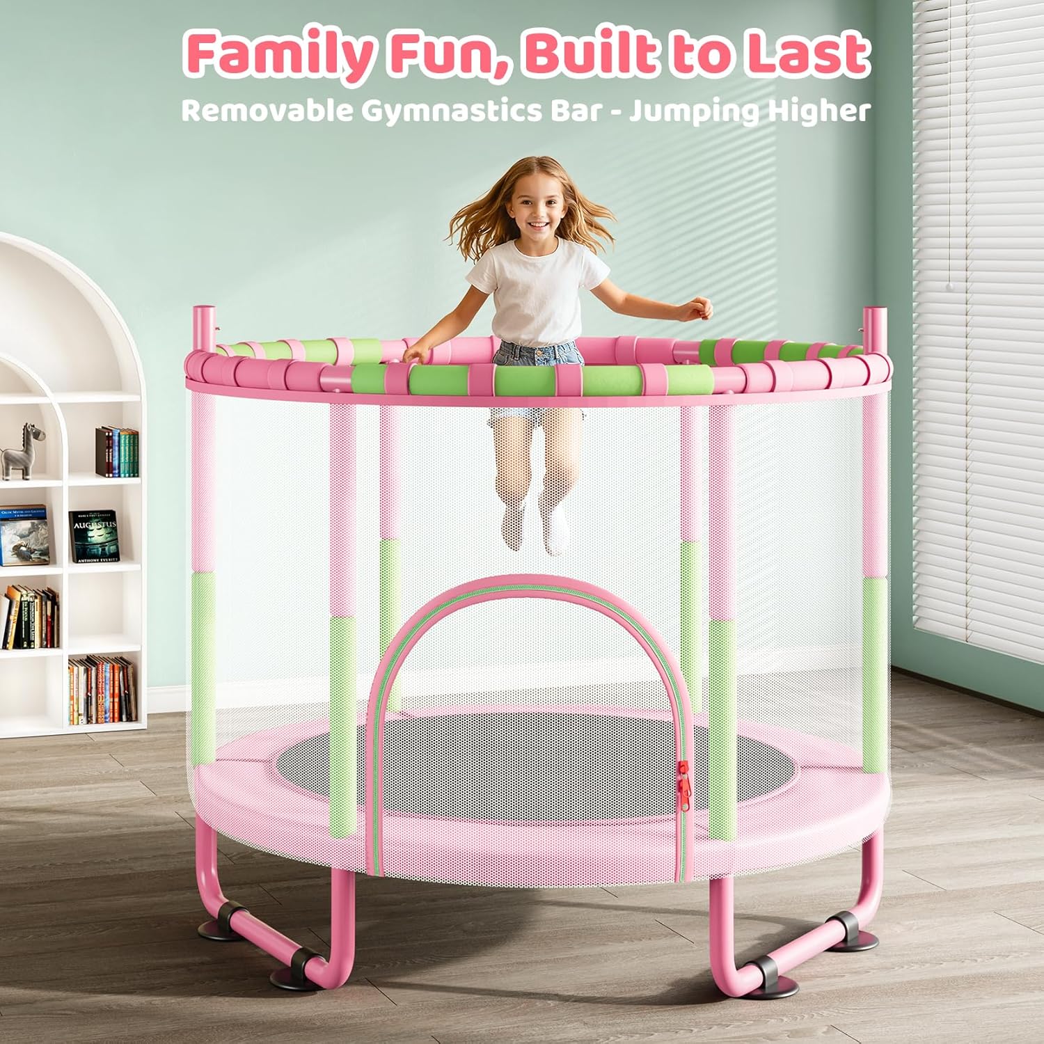 Yohood 55" Trampoline for Kids with Enclosure, 6-in-1 Toddler Trampoline Indoor Outdoor, Upgrade Full Anti-Rust Tube with Adjustable Gymnastics Bars for Boys Girls Ages 3-10