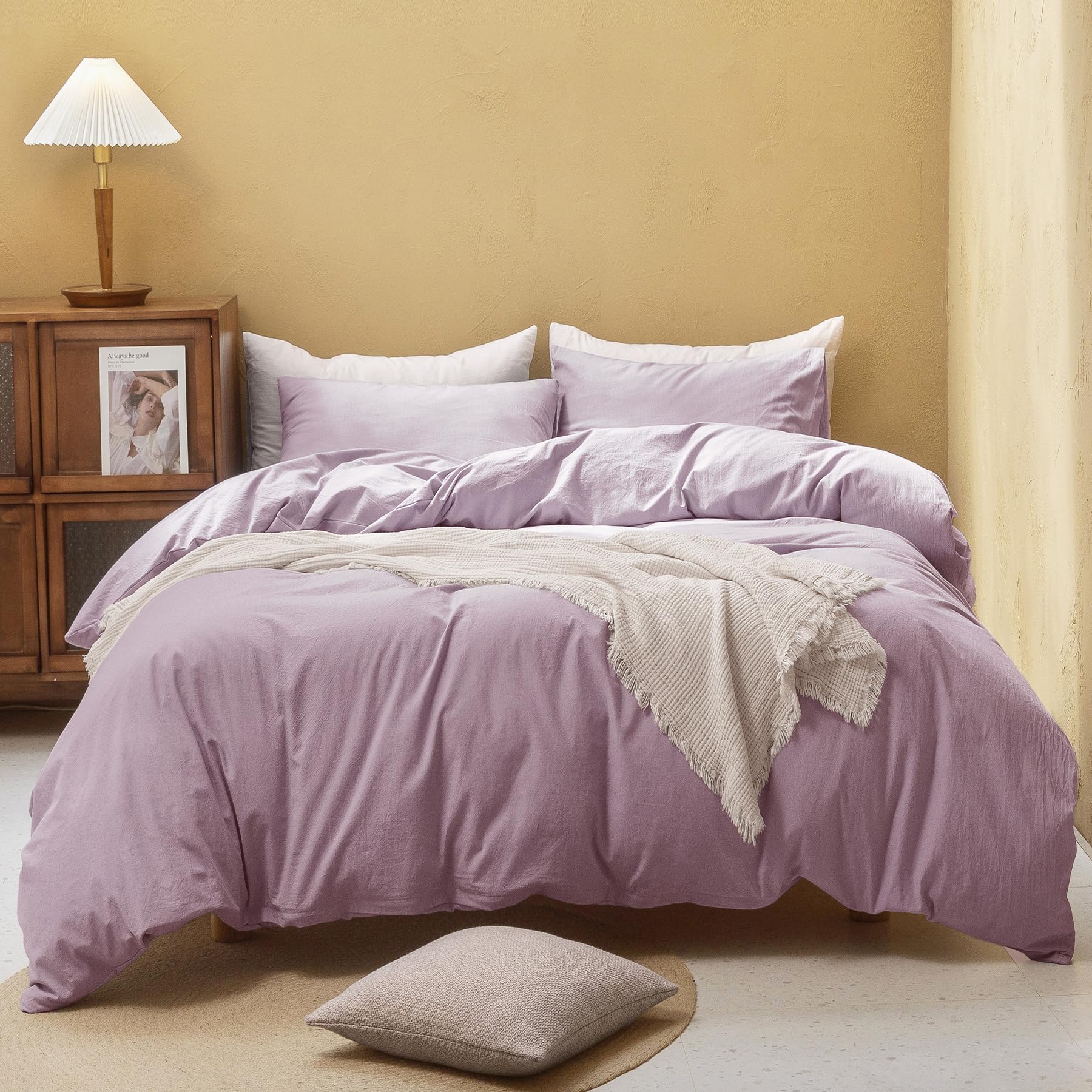 FOSSA Duvet Cover Set 100% Washed Cotton Linen Feel Super Soft Breathable Cozy 3 Pieces Bedding Sets Solid Light Purple Queen