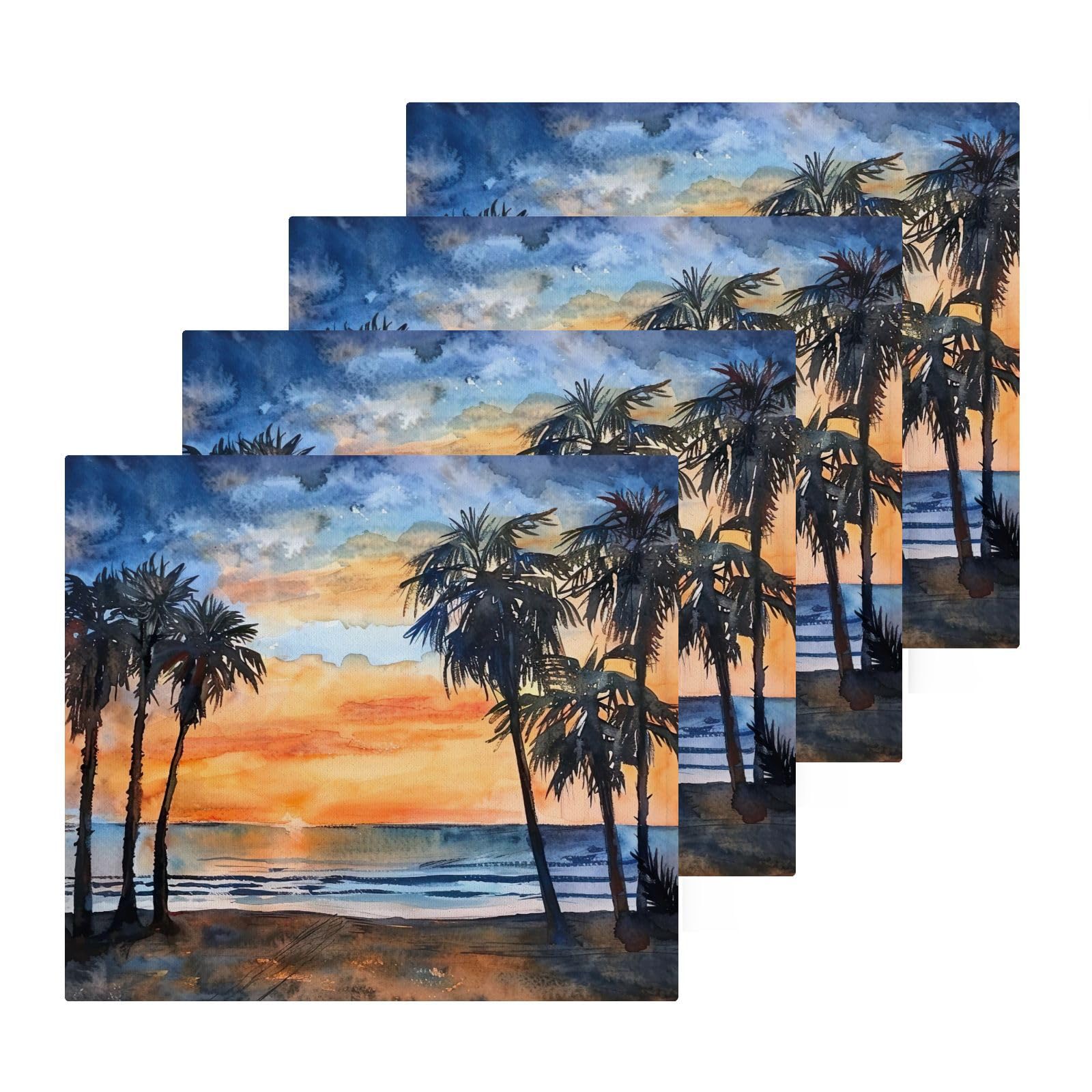 Flradish 4 Pack Coconut Trees and Sunset Pure Cotton Washcloths 12 x 12 Inch Reusable Absorbent Soft Cotton Face Towels Fingertip Towels Set for Gym Towels,Hotel and Spa