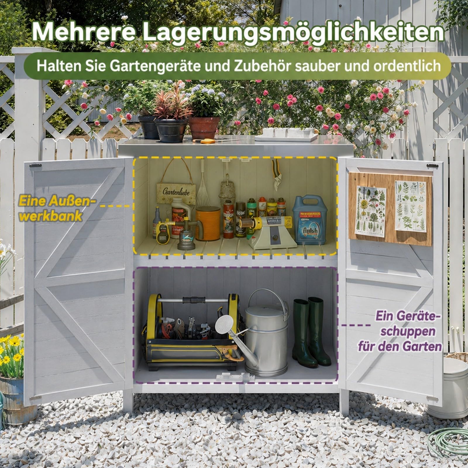 Aoxun Wetterfester Gartenschrank Holz 79x43x91cm Doppeltüren Abnehmbarer Trennwand Außenschrank verzinkter Tischplatte Geräteschuppen