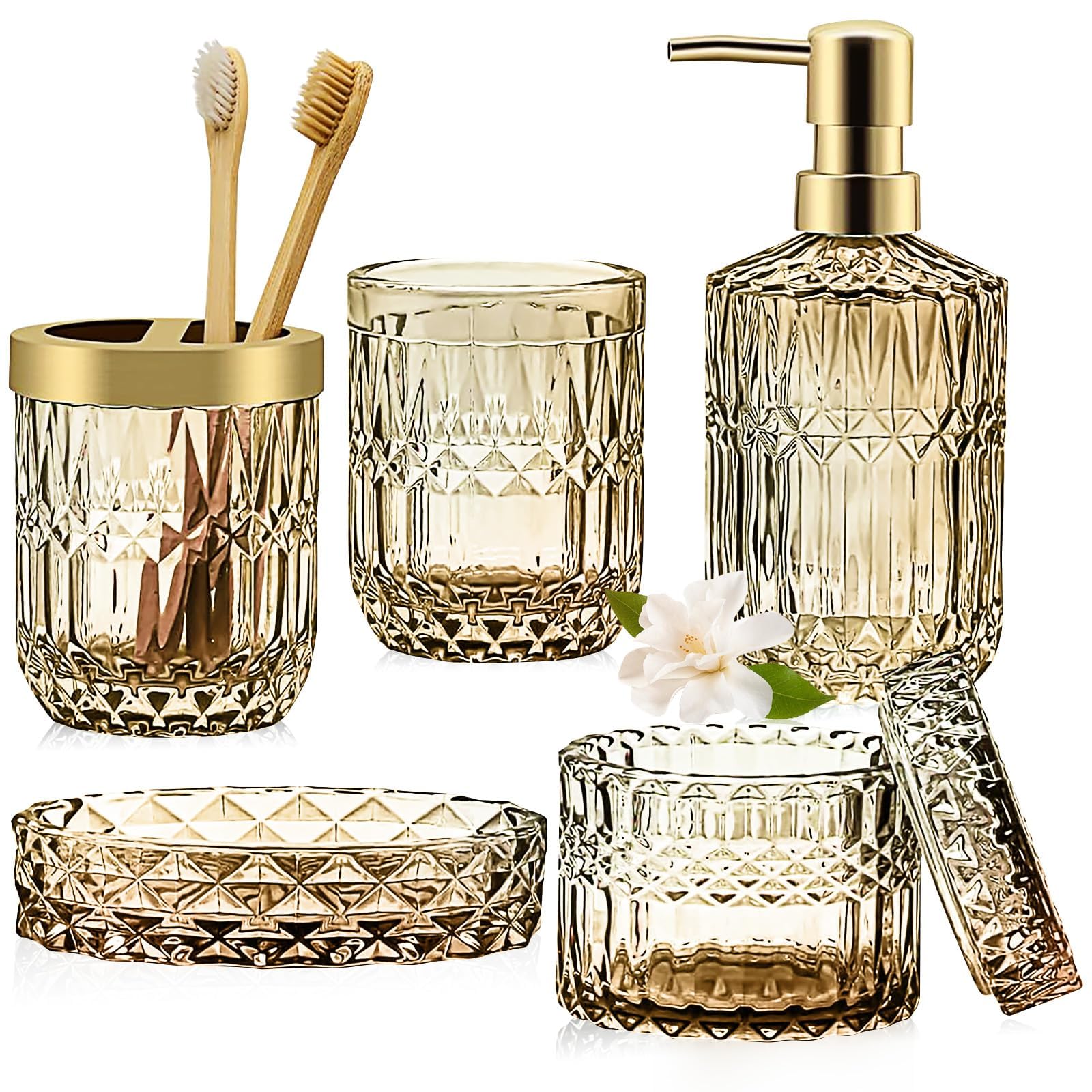 Gold Bathroom Accessories Set 5Pcs,Bathroom Accessories Set with Gold Soap Dispenser, Soap Dish, Toothbrush Holder, Tumbler, Cotton Swab Jars