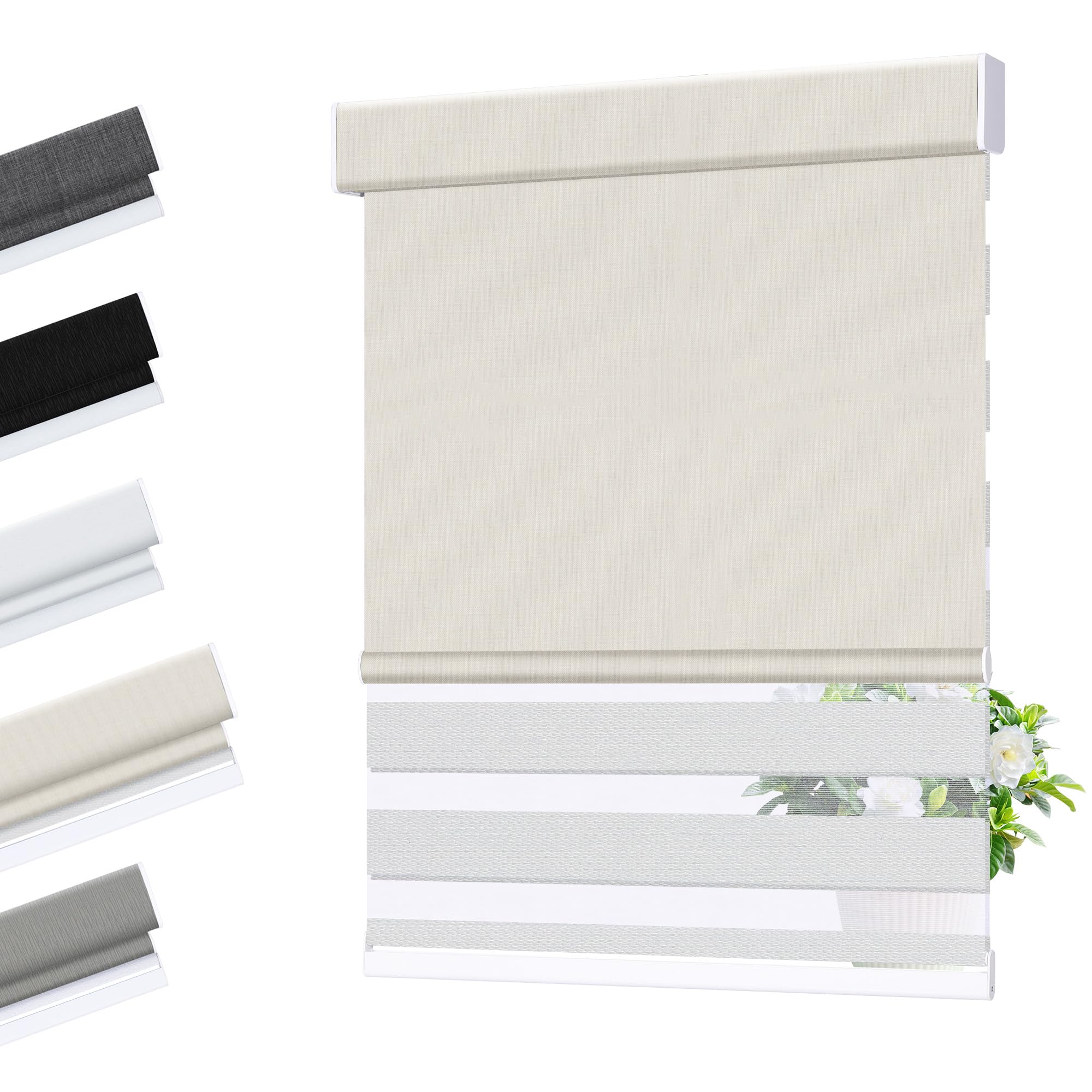 allesin zen cordless dual roller shades with square cassette, double layer window shades, blackout and light filtering, day and night blinds for home office door, beige yellow and white, custom size