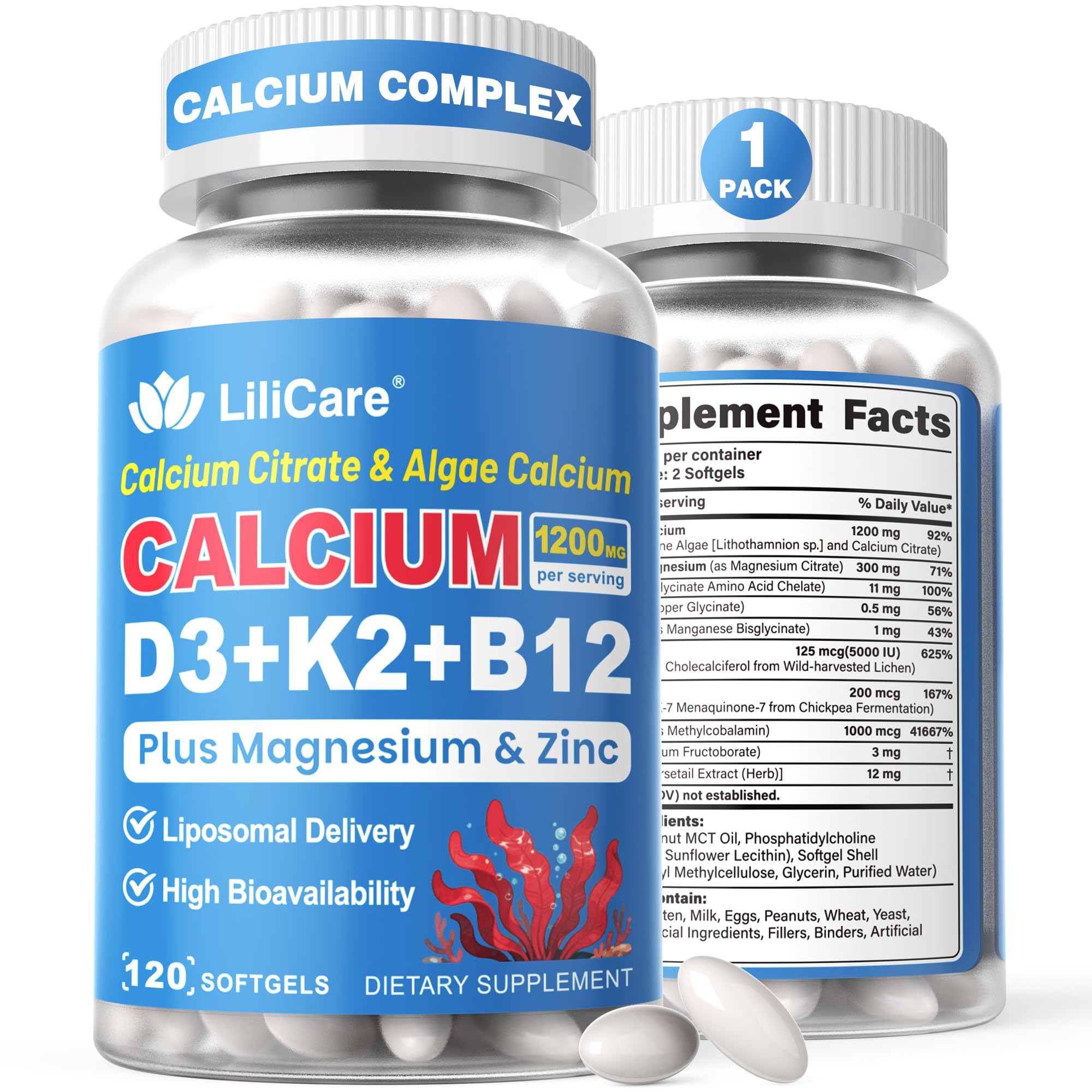 Calcium 1200 mg + Vitamin D3 K2 5000 IU Softgels Supplement for Women Men 120 Count (Pack of 1)