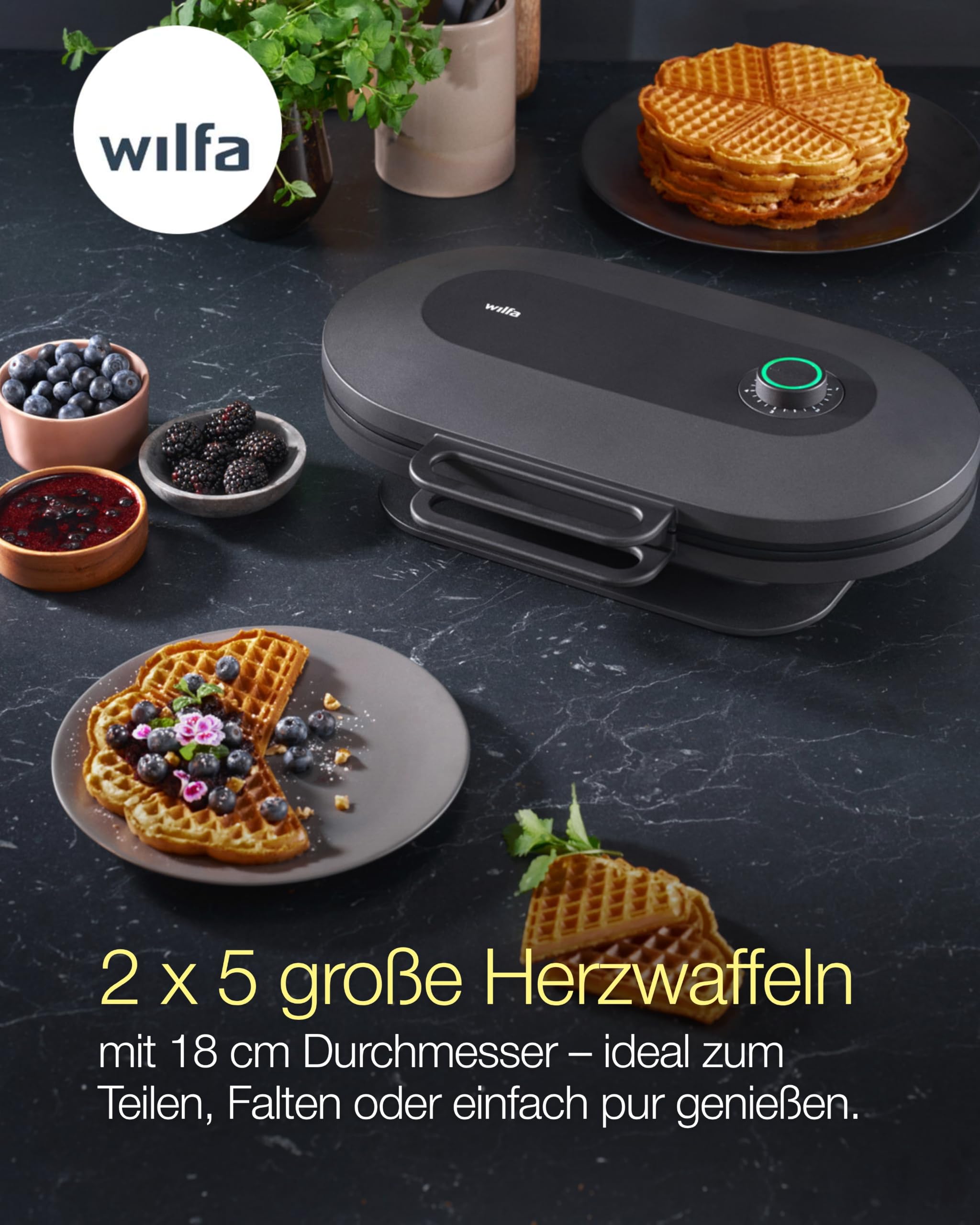 Wilfa JOY Double Waffeleisen I 1.500 Watt I 2x18cm große Herzwaffeln I 5 Temperaturmodi I Mit Alarm-Glocke I Inkl. Teig-Löffel (schwarz)