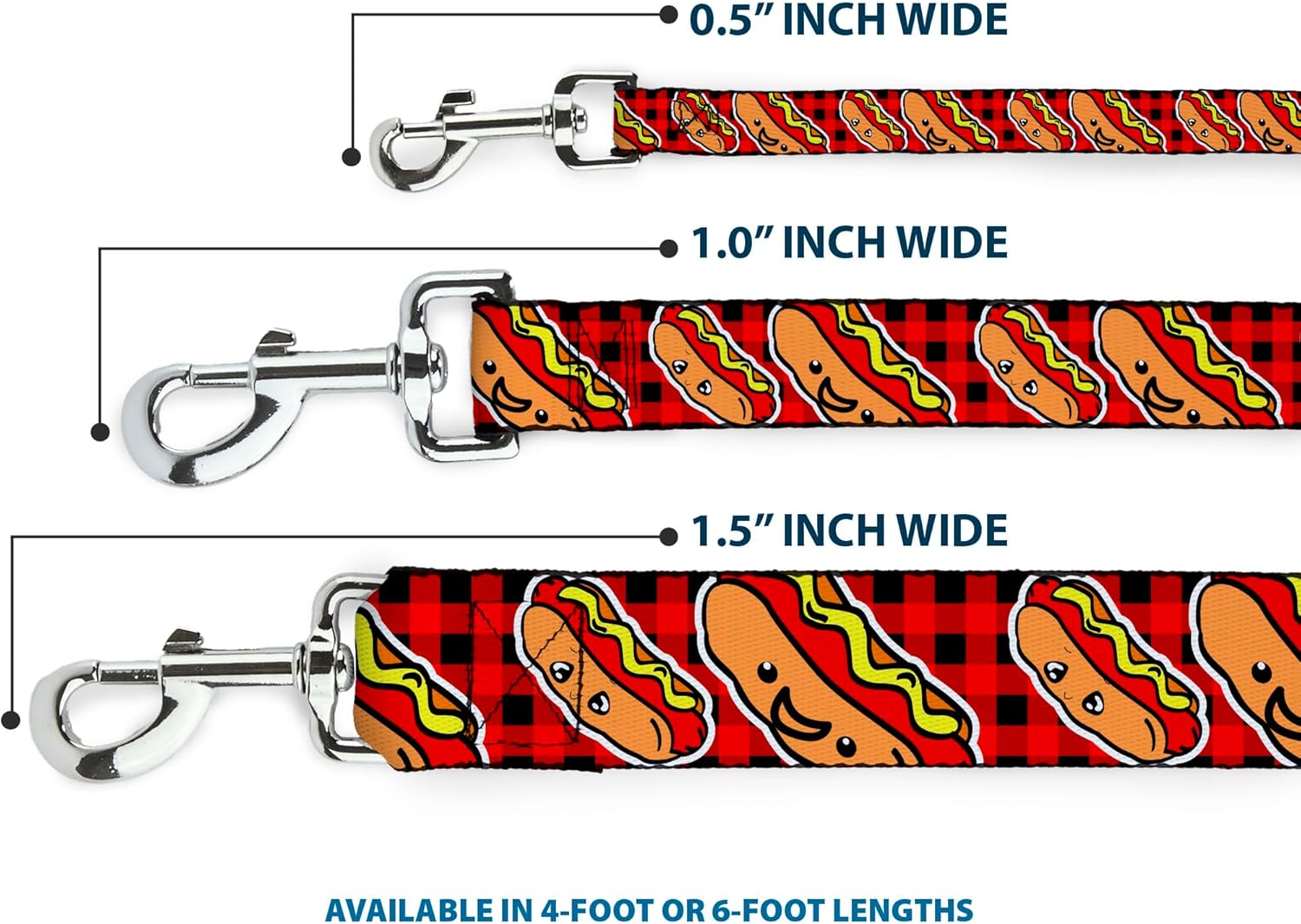Buckle-Down Dog Leash Hot Dogs Buffalo Plaid Black Red 4 Feet Long 1.5 Inch Wide