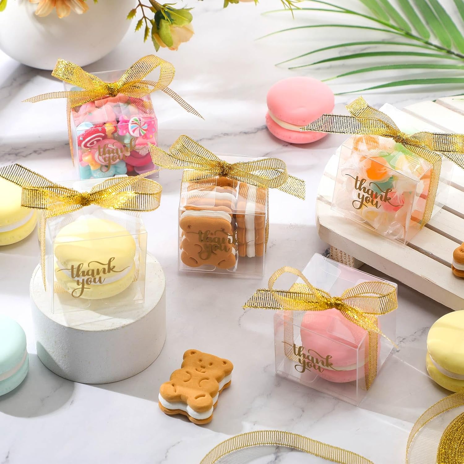 Thyle 200 Pcs Clear Gift Boxes Plastic Favors Box with Lid Ribbon Thank You Signs Transparent Treat Boxes for Party Favors Macaron Candy Dessert Cupcake Gift Wrap Boxes(2 x 2 x 2 Inch) - Image 3